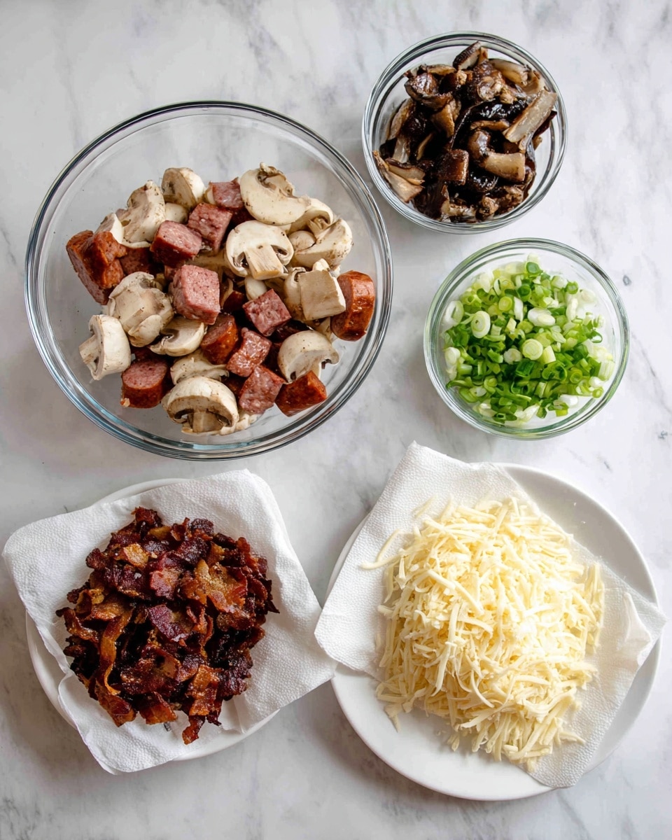 This image shows five containers and plates with different food ingredients placed on a white marbled surface. In the large clear glass bowl on the left side, there are chunks of grilled meat with visible pink centers and browned edges, along with some grilled sausages cut into thick slices. Above this bowl, there are two small clear bowls; one contains dark brown cooked mushrooms and the other has green sliced green onions. To the right, a white plate holds a heap of finely shredded pale yellow cheese. Below the cheese plate, a clear bowl lined with a paper towel holds small pieces of cooked bacon that are crispy and dark brown. The whole scene looks organized and ready for making a dish, photo taken with an iphone --ar 4:5 --v 7