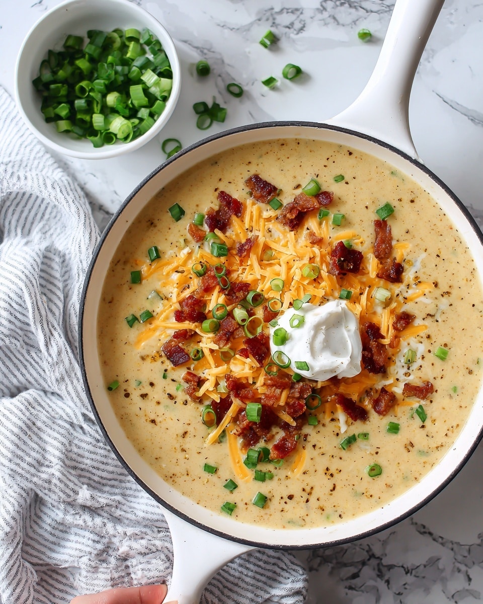 The image shows a white skillet filled with creamy soup topped with shredded cheddar cheese, crispy bacon bits, a dollop of sour cream, and chopped green onions scattered around. The soup has a thick texture with a pale yellow color. A small white bowl filled with more chopped green onions is placed behind the skillet on a white marbled surface. A white and gray striped cloth napkin lies under the skillet handle, and a woman's hand is holding the skillet handle on the left side of the image. Photo taken with an iphone --ar 4:5 --v 7