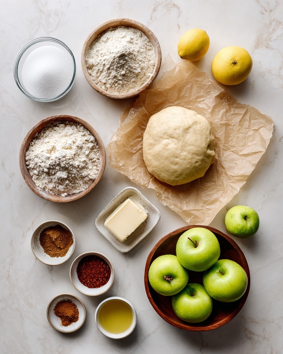 The image shows a white marbled surface with various baking ingredients arranged neatly. On the left, there is a small glass bowl filled with white sugar, a wooden bowl with white flour, and a small white dish holding a beige square of butter. Below them, there is one white egg, three small bowls containing brown and reddish spices, and a whole yellow lemon. In the center, there is a round piece of dough resting on crinkled beige parchment paper. To the right, there is a wooden bowl filled with bright green apples, and a few more apples are placed around the bowl on the surface. The colors are soft and natural, showing a clean and organized setting. photo taken with an iphone --ar 4:5 --v 7