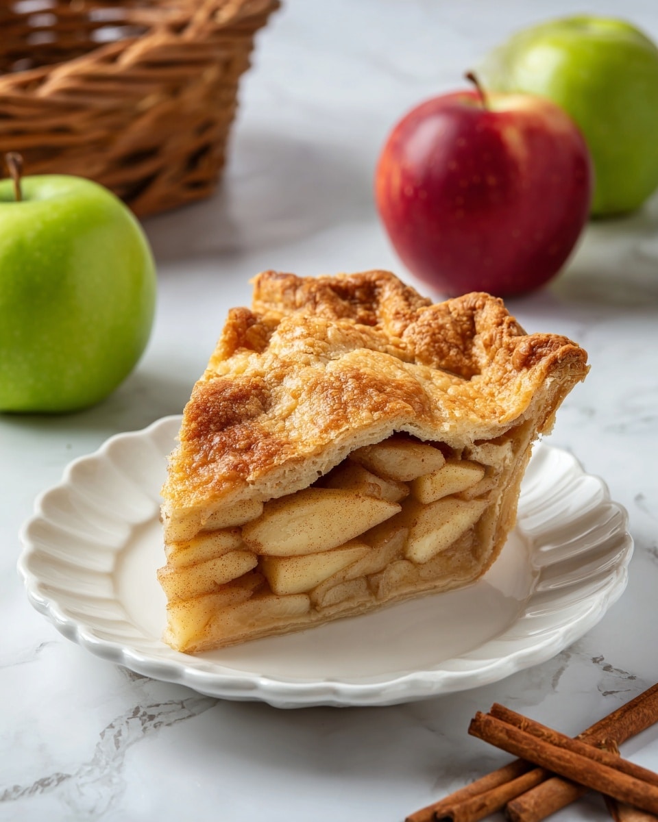 A single slice of apple pie sits on a white plate with scalloped edges. The pie has two visible layers: a golden-brown top crust with a slightly rough texture that is evenly baked and a thick layer of thinly sliced, soft, light tan apples mixed with cinnamon and a syrupy filling inside. Behind the plate, there is a green apple and two red apples, one in a woven basket. Two cinnamon sticks lie on the white marbled surface in the foreground. The photo is taken with an iphone --ar 4:5 --v 7