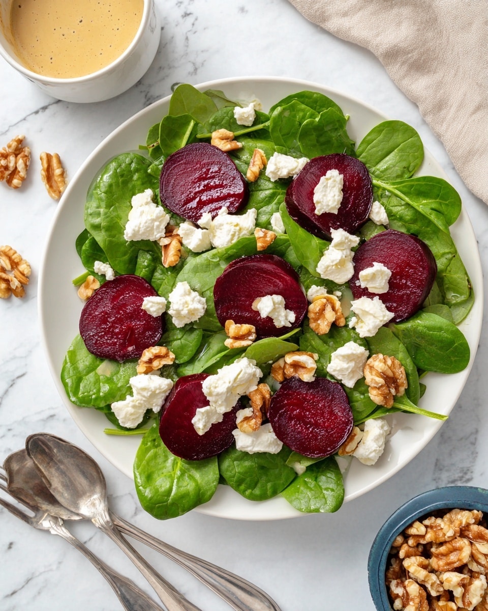 The image shows a round white plate filled with a colorful salad. The bottom layer has dark red sliced beets arranged evenly. On top of the beets is a layer of fresh green spinach leaves spread all around. Scattered across the greens are small white crumbly pieces of cheese. Mixed between these layers are small brown walnut pieces adding texture. To the side of the plate, two silver spoons rest on a white marbled surface. Next to the plate is a small blue bowl filled with more walnuts and another similar bowl with a light brown dressing. The colors are bright and fresh, making the salad look healthy and inviting. Photo taken with an iphone --ar 4:5 --v 7