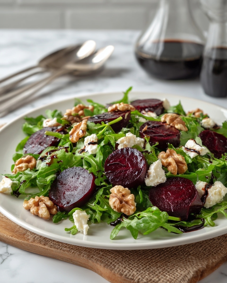 A white plate filled with fresh green arugula leaves as the base layer, topped with dark red, round slices of beetroot scattered evenly across, followed by small chunks of white cheese sprinkled throughout. On top, there are golden-brown walnut pieces distributed over the salad, with a light drizzle of dark balsamic dressing visible, adding shine and texture. The plate is set on a piece of burlap fabric, resting on a white marbled surface, with a blurred background showing silver serving utensils and a glass bottle with dark liquid. photo taken with an iphone --ar 4:5 --v 7