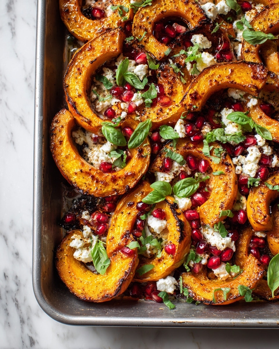 The image shows a baking pan filled with many roasted orange slices of squash, each piece curved and browned on the edges. Scattered on top are small crumbles of white cheese and bright red pomegranate seeds, adding pops of contrast. Fresh green basil leaves are also spread across the roasted squash, giving a fresh touch. The textures show a mix of crispy browned areas and soft cooked parts on the squash. The pan rests on a white marbled surface. photo taken with an iphone --ar 4:5 --v 7