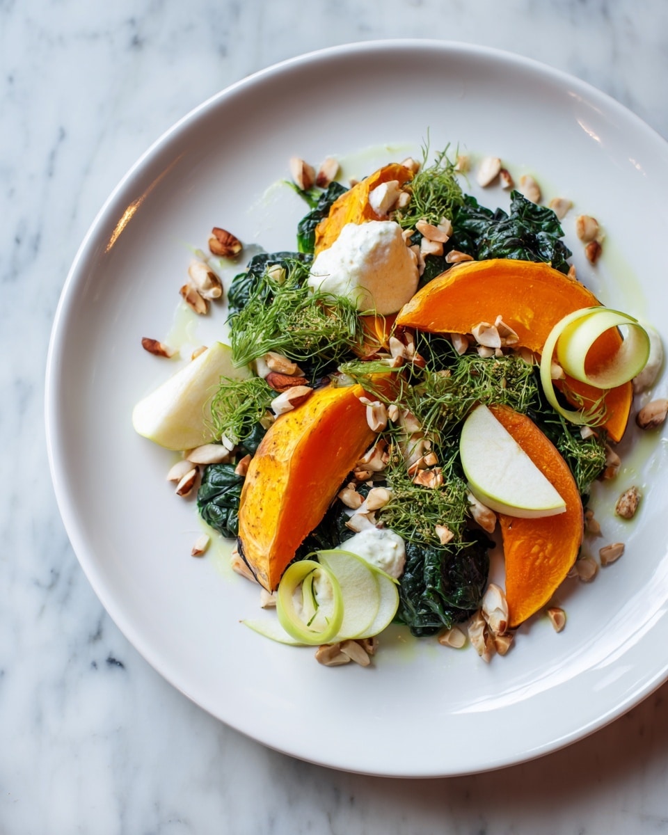 A white plate holds a layered dish featuring roasted orange pumpkin slices placed on the bottom, with dark green leafy vegetables beneath them. On top, there are light cream-colored dollops of sauce spread unevenly across the dish. Scattered around are small, pale nuts or seeds, providing texture, and some thin, curled slices of pale green apple, adding freshness. The plate sits on a white marbled surface. photo taken with an iphone --ar 4:5 --v 7