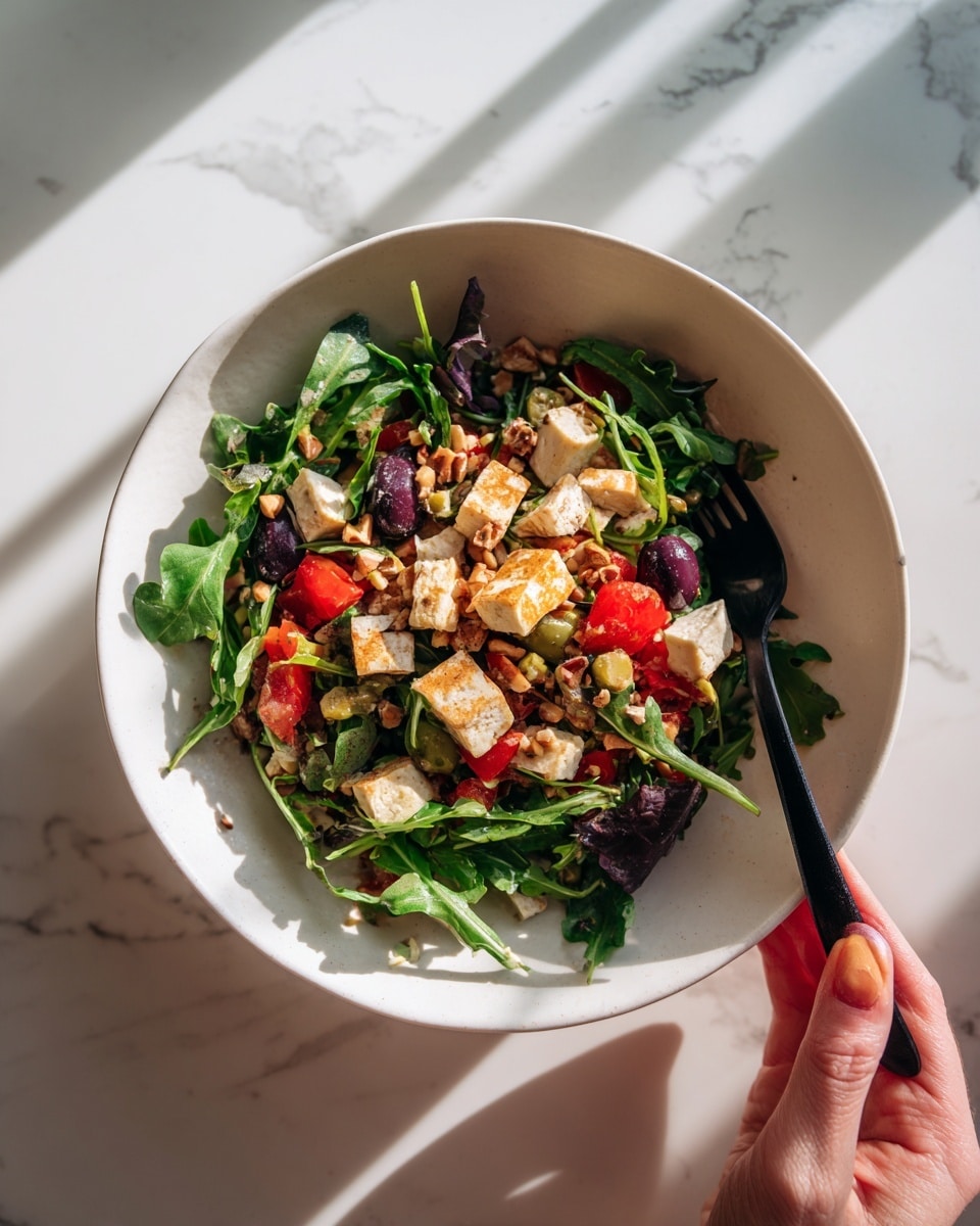 The image shows a white bowl filled with a colorful salad on a white marbled surface. The salad has several layers: the base layer is a mix of green arugula leaves with a fresh look, scattered throughout are bright red diced tomatoes and small chunks of light beige grilled tofu. There are also visible slices of dark purple olives, adding contrast. Small pieces of chopped nuts are sprinkled on top, adding texture. Near the bowl, there is a black fork partly resting inside with a woman's hand holding it gently. The whole scene looks fresh and vibrant with natural light. Photo taken with an iphone --ar 4:5 --v 7