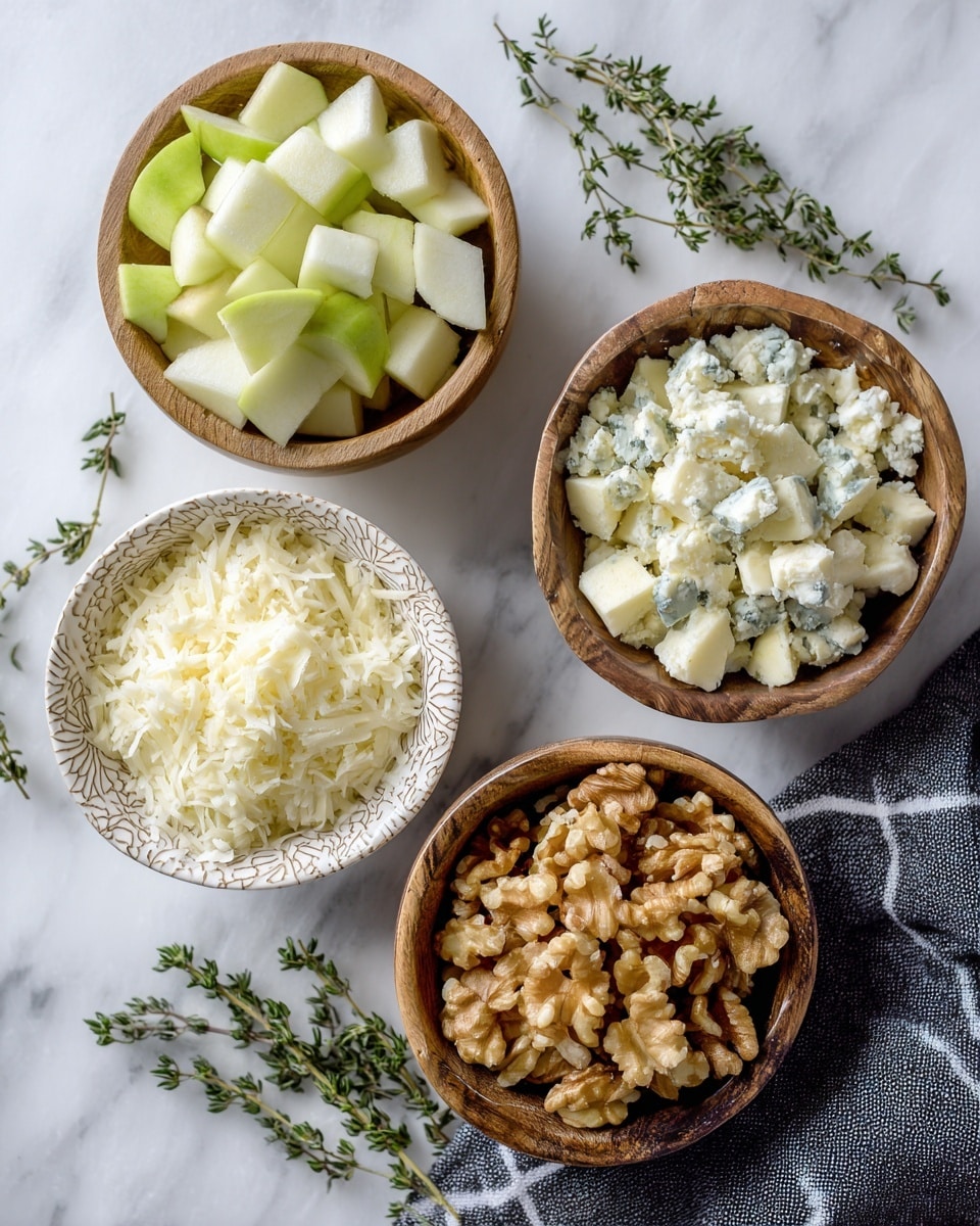 The image shows four small wooden and white patterned bowls on a white marbled surface, arranged in a loose square. The top left bowl contains chopped light green apples with white flesh, the top right bowl holds crumbled blue cheese with a mix of white and blue-green colors, the bottom left bowl is filled with fine white grated cheese, and the bottom right bowl has light brown walnut halves. Fresh green thyme sprigs lie scattered around the bowls, and a dark gray cloth with a white grid pattern is placed on the lower right side. Photo taken with an iphone --ar 4:5 --v 7