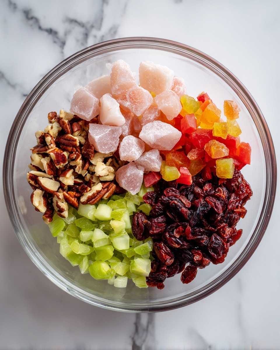 A clear glass bowl sits on a white marbled surface, filled with four separate sections of ingredients arranged in a circle. At the top, there are small pale pink pieces with a soft texture. To the right, there are tiny bright red and light yellow fruit cubes. At the bottom right, dark red dried fruit chunks fill that section. On the bottom left, small bright green diced pieces with a fresh look. At the top left, there are chopped nuts with a mix of light and dark brown colors. Photo taken with an iphone --ar 4:5 --v 7
