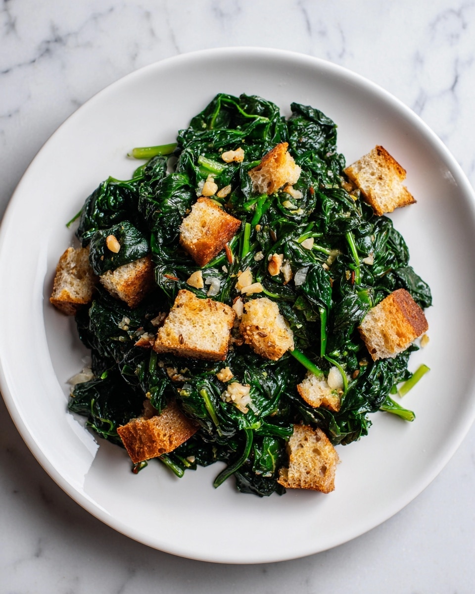The image shows a white plate with a meal made of cooked spinach and small pieces of bread mixed together. The spinach is dark green and looks soft, covering most of the bread pieces which are light brown and slightly toasted. The bread pieces vary in size and add a rough texture, while the spinach appears smooth and moist. There are small bits of light-colored nuts or garlic scattered on top, adding a crunchy texture. The plate sits on a white marbled surface. photo taken with an iphone --ar 4:5 --v 7