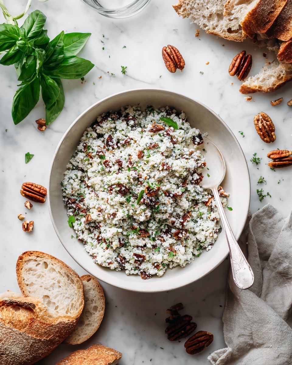 A white bowl filled with a creamy salad made of small white grains mixed with finely chopped dark brown pieces, possibly nuts or seeds, and small green herbs sprinkled on top. The salad has a soft texture with bits of crunchy elements visible in it. Around the bowl, there are scattered whole pecans on a white marbled surface, along with a white spoon placed inside the bowl. Near the top left corner, slices of rustic brown bread rest on the surface, and a clear cup with a silver spoon inside is placed to the upper right. A woman's hand is holding a piece of bread near some fresh green basil leaves in the top left corner. photo taken with an iphone --ar 4:5 --v 7