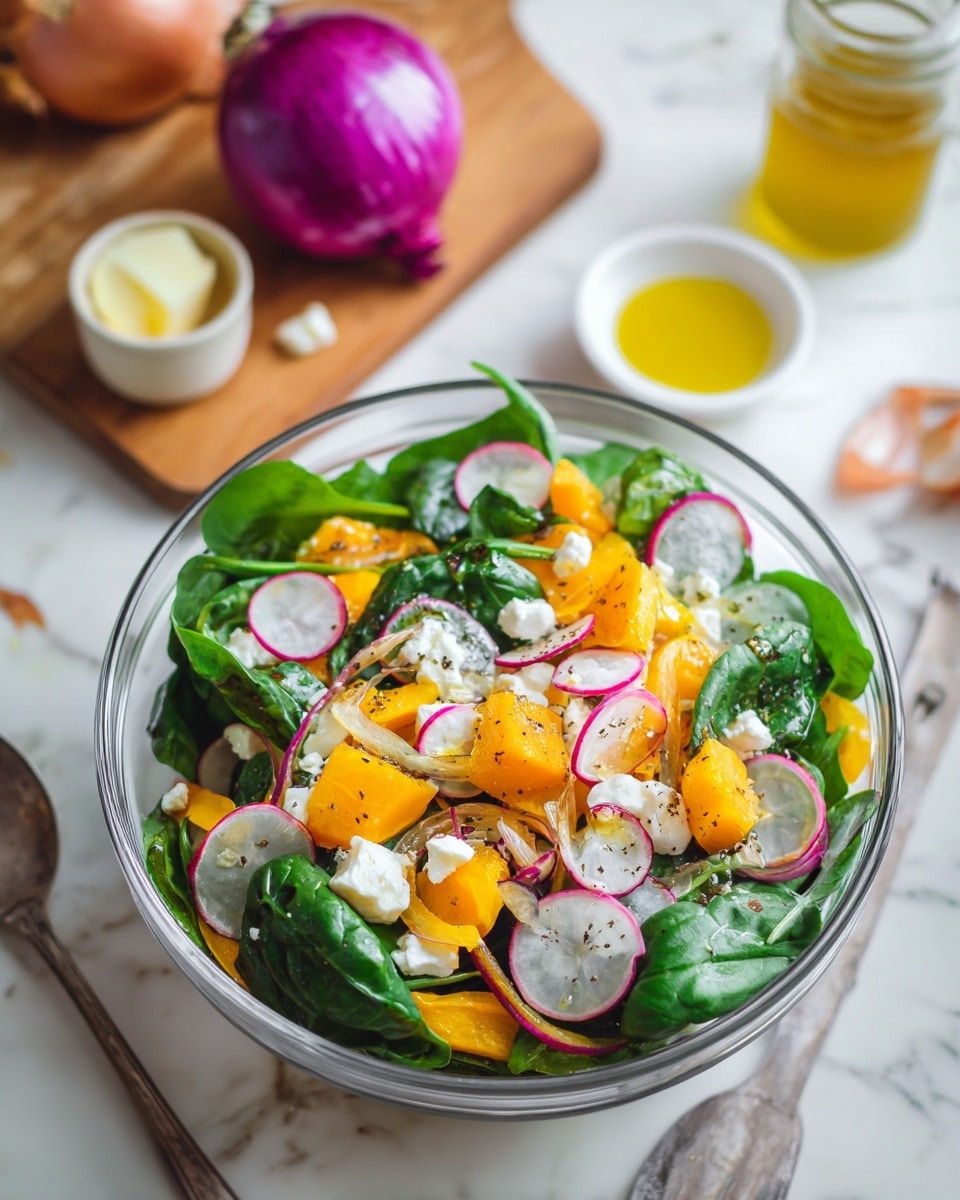 A clear glass bowl filled with a colorful salad sits on a white marbled surface. The salad has dark green spinach leaves as the base, bright orange pumpkin chunks scattered on top, thin slices of white and red radishes, and soft white cheese pieces sprinkled throughout. Behind the bowl is a wooden cutting board with a purple onion, a small white bowl of yellow olive oil with a piece of butter melting in it, and a jar with a yellow label. There is also a woman's hand holding a silver spoon nearby. The scene is bright and fresh. photo taken with an iphone --ar 4:5 --v 7