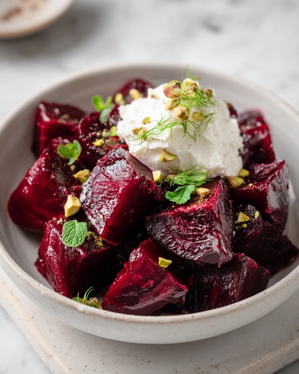 The image shows a white bowl filled with dark red chunks of roasted beetroot that have a shiny, slightly wet texture. On top of the beetroot pieces, there is a dollop of soft white cream that looks smooth and creamy. Scattered around and on the beetroot are small green herb leaves and tiny bits of light green nuts, adding a fresh touch and some texture contrast. The background is a white marbled surface. Photo taken with an iphone --ar 4:5 --v 7