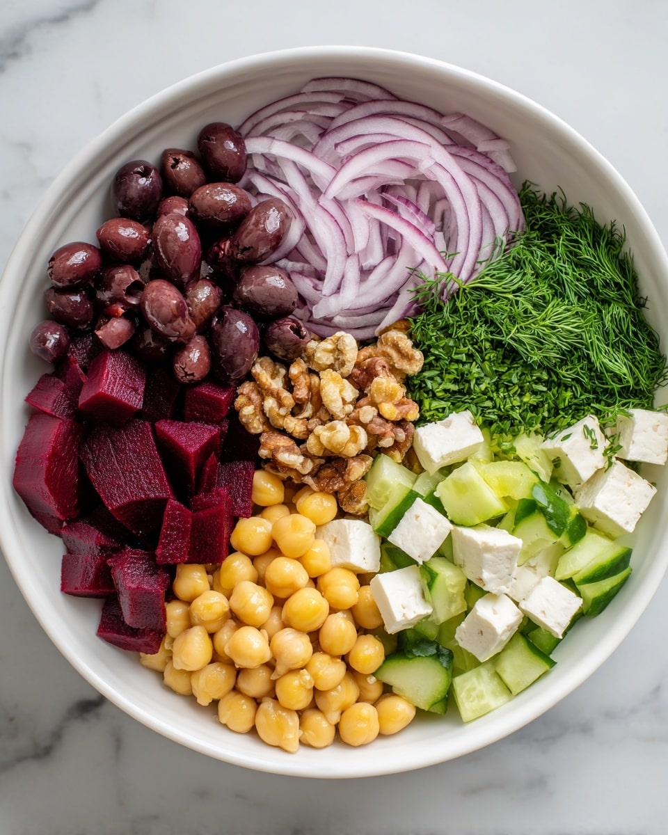 A white bowl filled with seven distinct layers arranged side by side, starting from the top left with dark purple black olives that have a shiny texture, moving right to thinly sliced curved pale purple-red onion strips, followed by a small bunch of finely chopped bright green fresh dill. Next is a pile of light brown chopped walnuts, then dark maroon beet cubes with a smooth surface. At the bottom right, there are white cubes of soft cheese, moving left to bright green cucumber chunks with visible seeds, and at the center, a mound of round light yellow chickpeas. The bowl sits on a white marbled surface. photo taken with an iphone --ar 4:5 --v 7