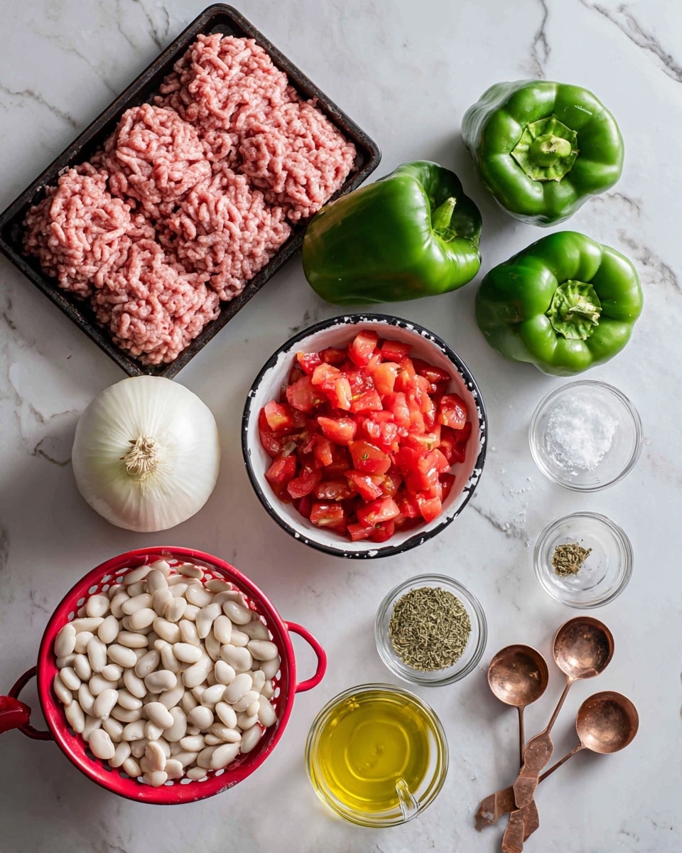 The image shows an overhead view of cooking ingredients arranged on a white marbled surface. On the top left, there is a black tray filled with pink and white raw ground meat. To the right are two whole green bell peppers and a white garlic bulb. Below the peppers, there is a white bowl with a black rim filled with chunky red diced tomatoes. Near the center, there is half of a white onion with its outer peel partially visible. At the bottom left, a red colander is filled with white beans. Small glass bowls contain dried herbs, and a glass bowl near the center bottom holds yellow olive oil. Copper measuring spoons are spread out at the bottom right corner, holding salt and other spices. Photo taken with an iphone --ar 4:5 --v 7