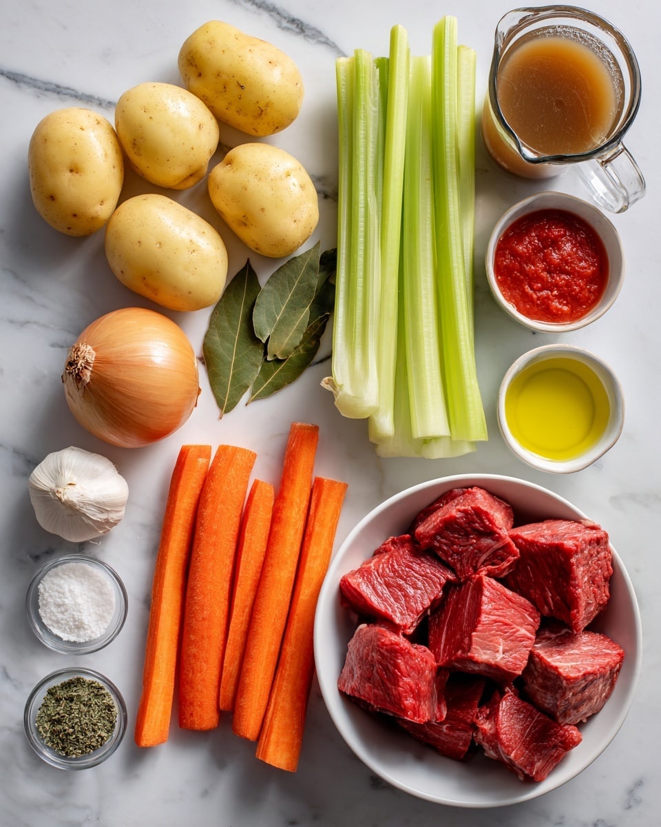 The image shows raw ingredients neatly arranged on a white marbled surface. There are five light yellow potatoes grouped on the left. Next to them, three crisp green celery stalks stand vertically. In front are six bright orange carrots, slightly rough in texture. To the right, a white bowl holds several chunks of red raw beef with visible marbling. Nearby are small bowls with a pale yellow olive oil, a mix of dried herbs, salt and pepper, white flour, smooth red tomato paste, and a large clear measuring cup filled with brown broth. A light brown onion and three garlic cloves rest between the celery and carrots. Two green bay leaves lie above the onion. The setup is clean and organized, capturing each element's natural color and texture clearly. Photo taken with an iphone --ar 4:5 --v 7