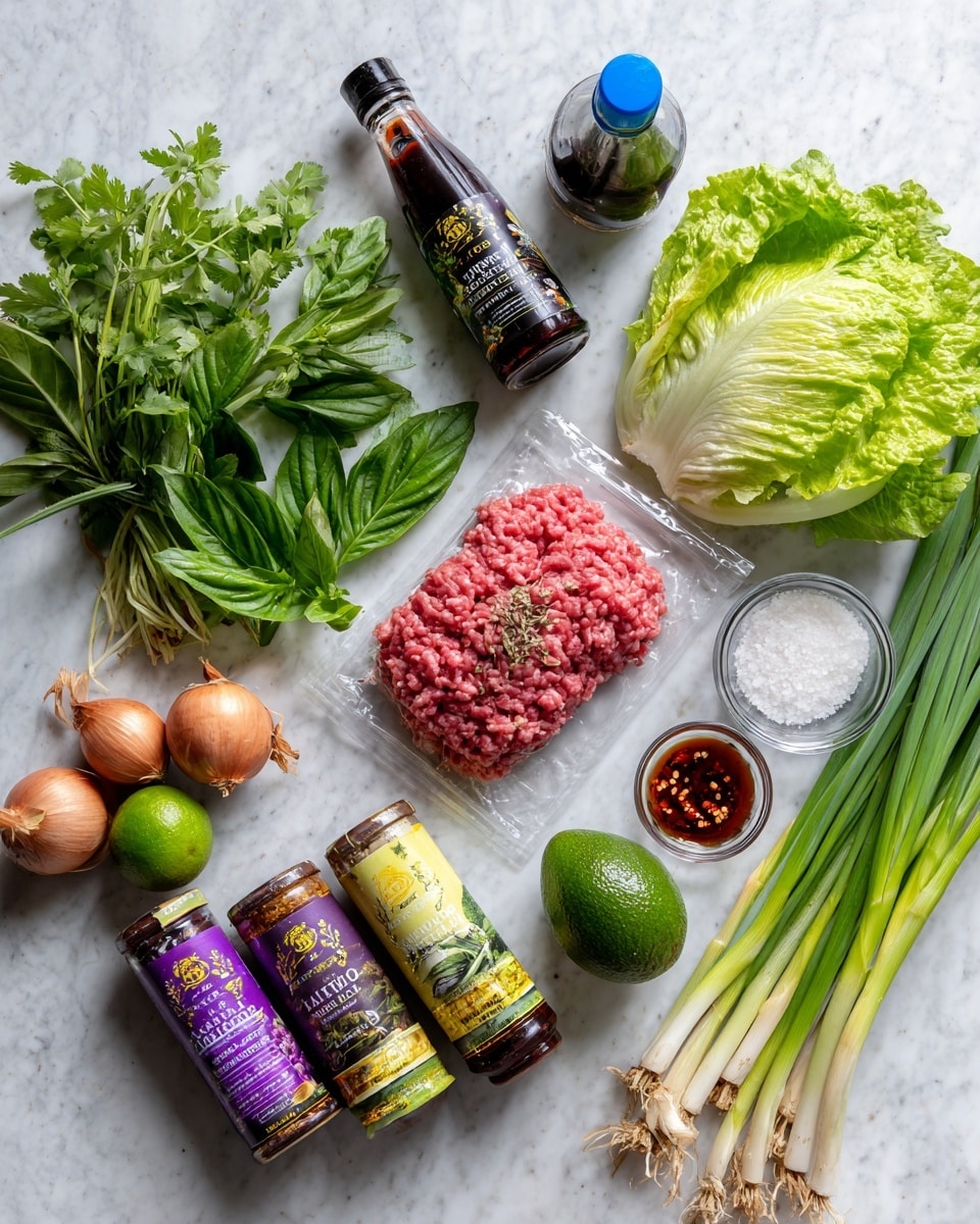 The image shows an arrangement of various fresh and packaged ingredients on a white marbled surface. In the center, there is a clear plastic pack with pink red minced meat. Surrounding it are fresh green herbs: coriander standing upright on the left, Thai basil bundled and lying flat nearby, and a bunch of crisp lettuce and spring onions on the right. A dark green avocado and a bright green lime are placed near the center bottom. Three small brown shallots are grouped close to the lime. Near the bottom center, there are three tubes of pastes and spices with colorful labels in purple, yellow, and beige. On the top right, there are two small glass bowls, one with white granules and the other with a dark liquid. A blue-topped bottle with dark soy sauce and a bottle of sweet chili dipping sauce stand behind the bowls. A bunch of fresh lemongrass stalks with white bulbs is also seen on the right, resting partially on a bright green spring roll wrapper with shrimp images. The whole setup captures a vibrant mix of colors and textures, arranged neatly for a cooking preparation scene. photo taken with an iphone --ar 4:5 --v 7
