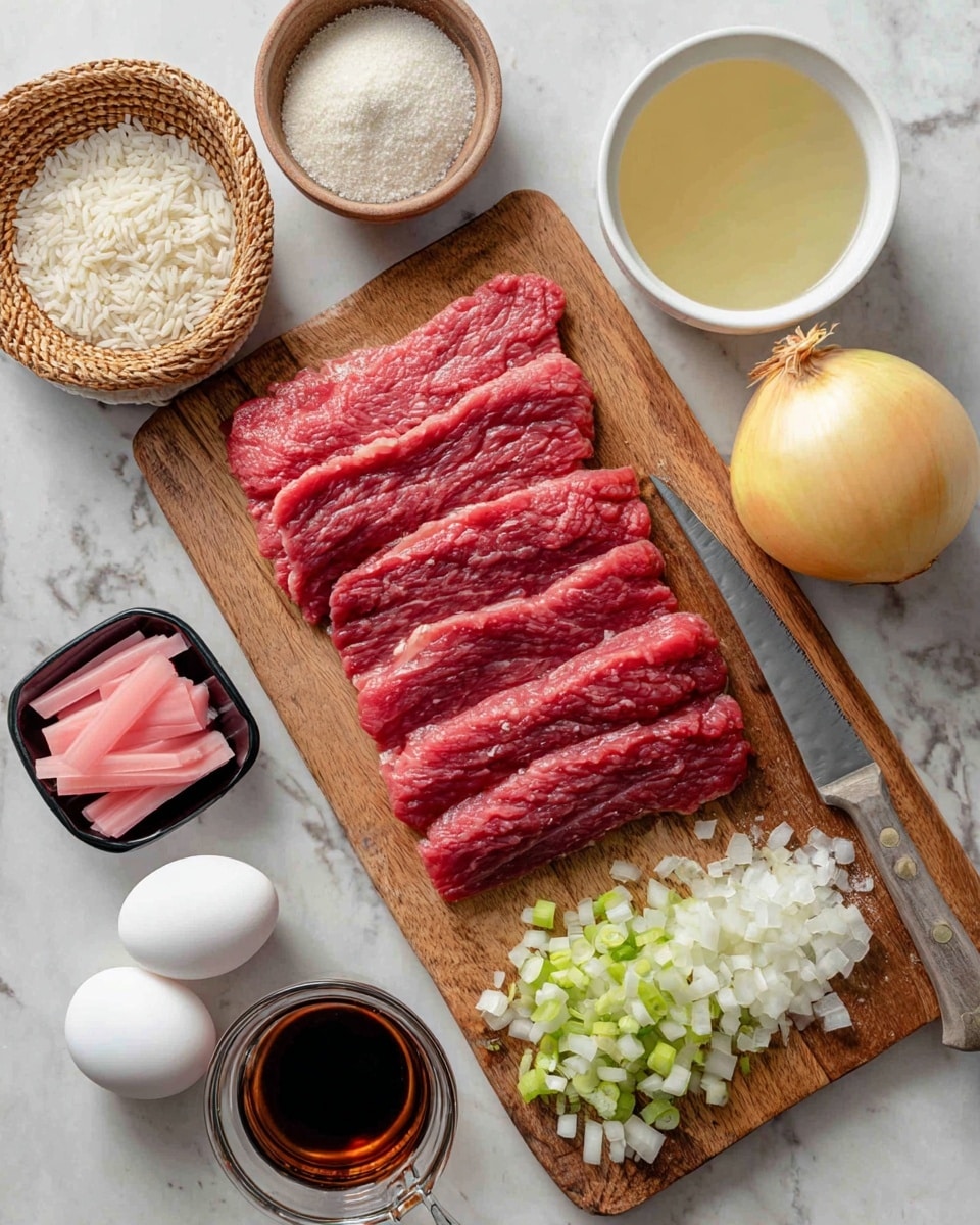 A wooden cutting board sits on a white marbled texture with five thin, raw red meat slices stacked side by side in the center. To the right, there is a small white bowl with a light liquid and a whole yellow onion beside it. In front of the onion, chopped green and white onions are spread out next to a shiny knife with a silver blade. On the left side of the board, a small black dish holds thin pink slices of pickled ginger. Two white eggs are placed on the white marbled surface at the bottom left. Near the center bottom, a small clear glass cup contains a dark brown liquid. A light brown mixture in a clear glass measuring cup, along with a small woven basket of rice and a wooden spoon with white granulated sugar, are at the top left on the white marbled texture. photo taken with an iphone --ar 4:5 --v 7