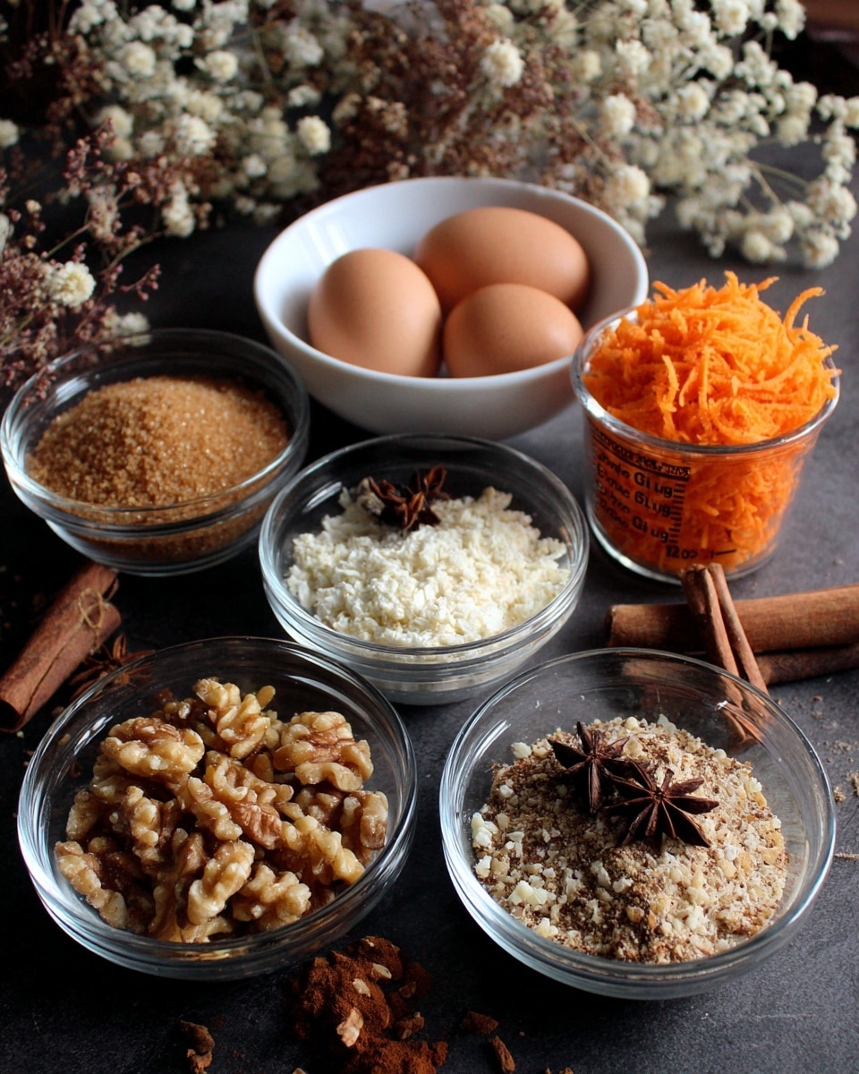 The image shows several white bowls and a glass measuring cup filled with different ingredients arranged on a dark surface with dried flowers in the background. One bowl is filled with coarse brown sugar, another bowl holds crushed light walnuts, and a third bowl contains a mix of white and brown spices, topped with star anise and two cinnamon sticks standing upright. The glass measuring cup clearly shows shredded bright orange carrots inside. In the back, a white bowl holds two brown eggs, and there are some beige scattered items near the edges. Photo taken with an iphone --ar 4:5 --v 7