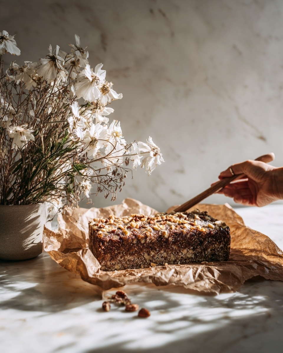 A close-up of a thick rectangular cake with a rough, textured brown top layer scattered with small pieces of nuts. The cake rests on crumpled brown parchment paper that softly reflects sunlight. To the left, a woman's hand holds a wooden spatula under the cake, and there is a bunch of dried flowers with white petals and green stems placed beside it. The whole scene is set against a white marbled texture. photo taken with an iphone --ar 4:5 --v 7