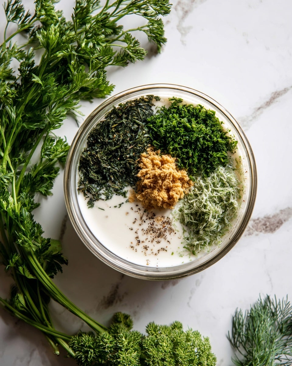 A clear glass bowl sits on a white marbled surface, filled with four distinct layers: finely chopped dark green herbs on the left side, a small pile of fresh light green herbs on the right, white creamy base underneath, and a small mound of brownish chunky mixture on top near the creamy base, with a sprinkle of black pepper in the center. Around the bowl are fresh green herb bunches, including parsley and dill, adding bright natural colors and texture to the setting. Photo taken with an iphone --ar 4:5 --v 7
