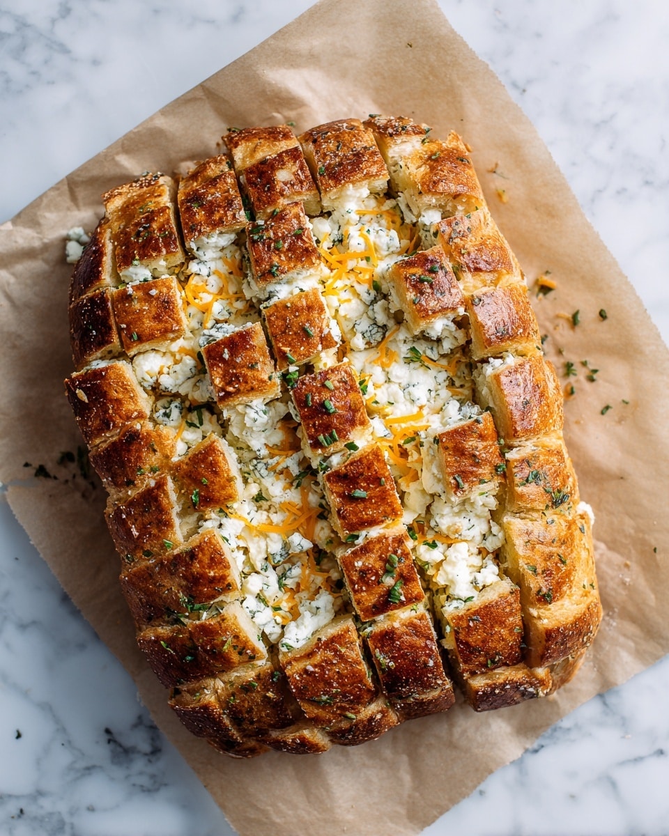 A soft loaf of bread is sliced in a grid pattern across the top with about four vertical and four horizontal cuts, creating small square sections. The brown crust is golden and slightly toasted with a soft texture visible inside. Between the square cuts, creamy white spread is pushed into the bread, topped with crumbled blue cheese that is white with blue veins, and scattered orange shredded cheddar cheese all over the top. Small green herb bits are mixed into the cheese and around the bread. The loaf sits on a sheet of light brown parchment paper, with a white marbled surface beneath it. photo taken with an iphone --ar 4:5 --v 7