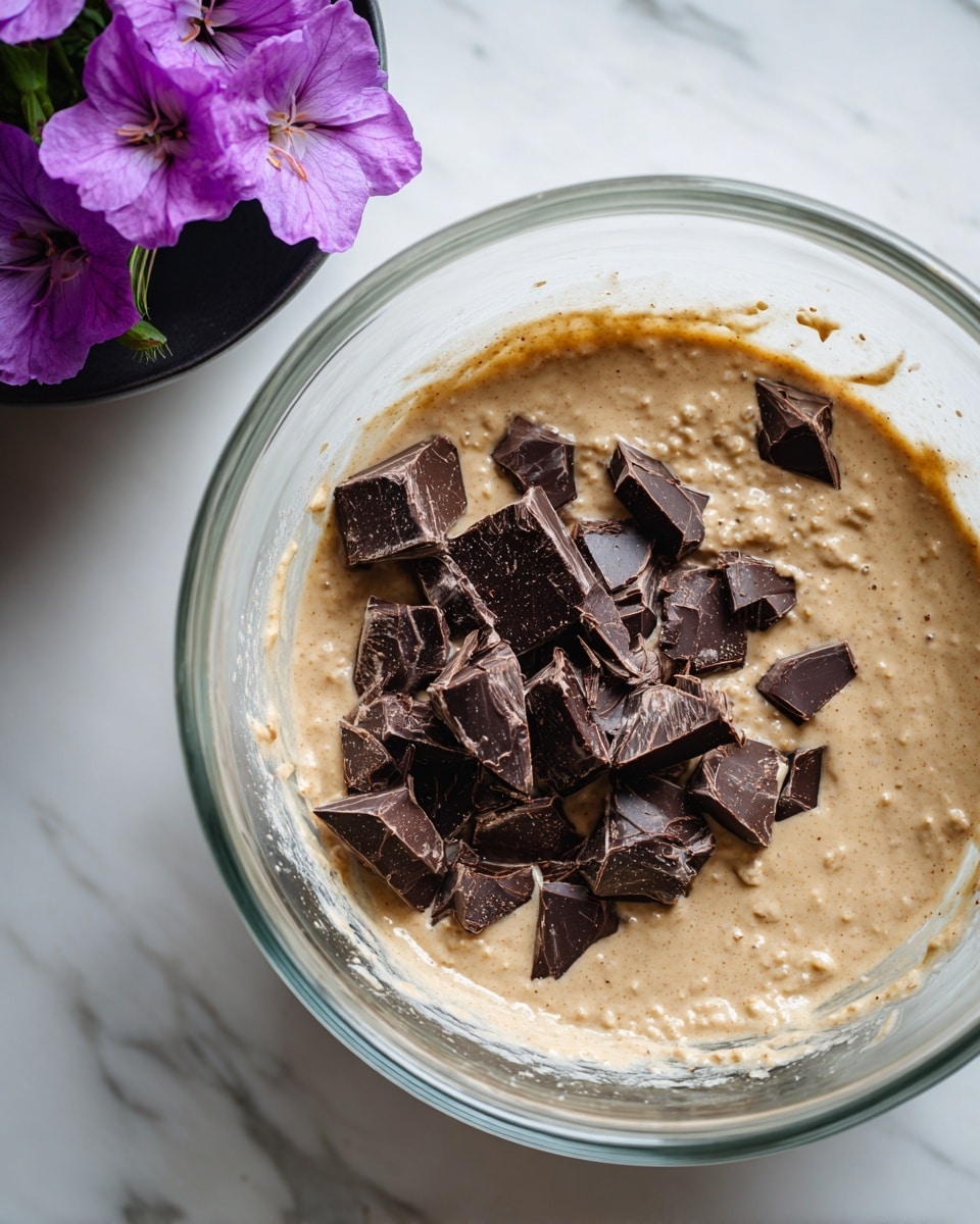 A clear glass bowl filled with a light brown batter that has a thick, smooth texture with small lumps. On top of the batter, there are many dark chocolate chunks broken into irregular pieces, scattered mostly on one side. The bowl sits on a surface with a white marbled texture, and in the background, a black bowl with bright purple flowers is partly visible. Photo taken with an iphone --ar 4:5 --v 7