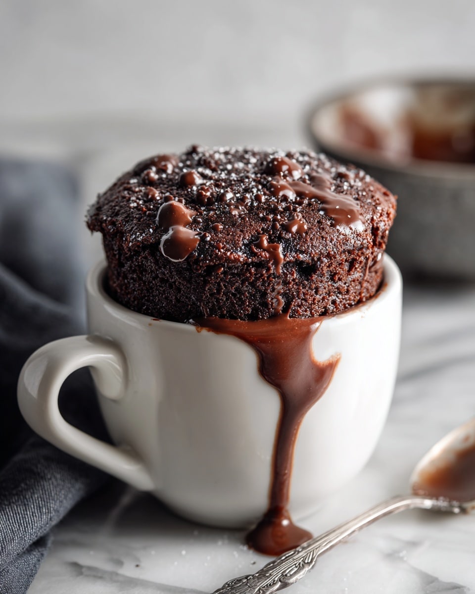 A soft, light brown chocolate mug cake rises above the top of a white cup with bubbly, airy texture and darker spots where melted chocolate shows through. The cake spills slightly over the cup's rim on one side with glossy melted chocolate drips. In the blurred background, a rustic bowl with some residue inside sits on a dark surface. The whole scene is set against a white marbled texture. photo taken with an iphone --ar 4:5 --v 7