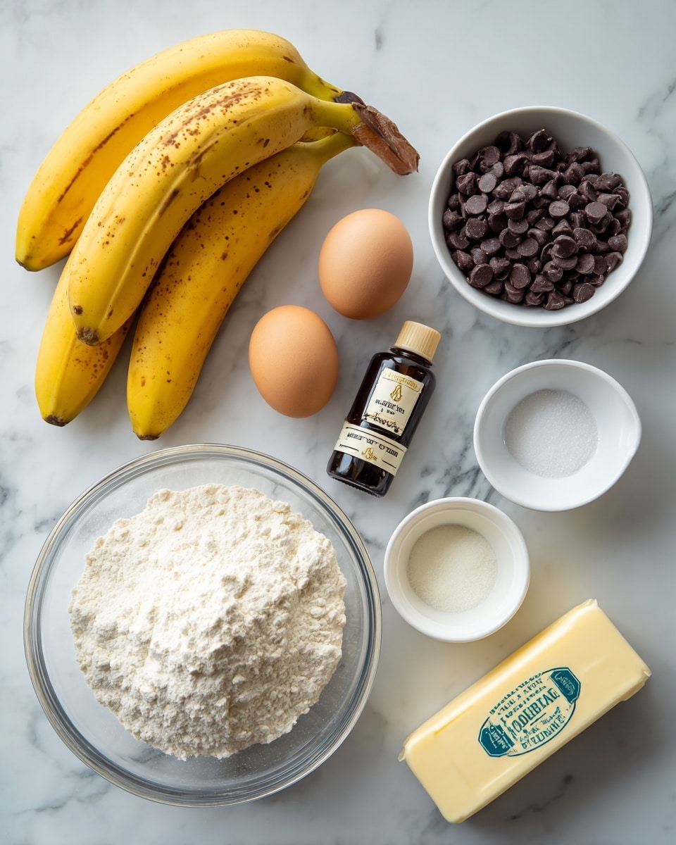 The image shows ingredients for baking placed on a white marbled surface. In the top left, there are three ripe yellow bananas with brown spots, lying side by side. Below them are two light brown eggs placed next to each other. To the right of the bananas and eggs is a white bowl filled with dark chocolate chips. Near the chocolate bowl is a small brown bottle of vanilla extract with a white label. In the lower center of the image, a large transparent glass bowl holds a mound of white flour. Surrounding the flour bowl are three small white bowls, one filled with white sugar, another with white salt, and the third with baking soda. On the bottom right corner lies a stick of pale yellow butter with a green label. The photo taken with an iphone --ar 4:5 --v 7