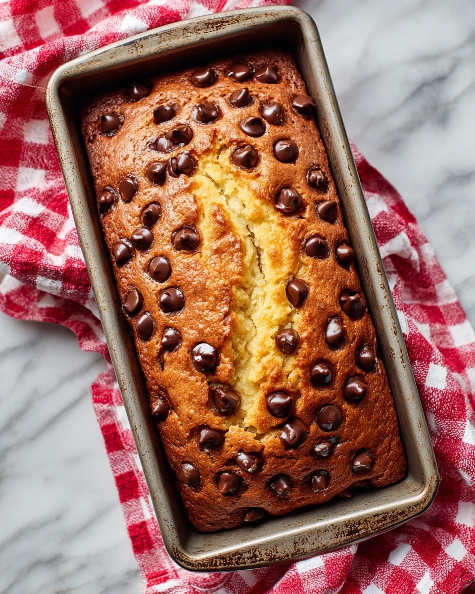A close-up view of a baked chocolate chip loaf in a metal rectangular pan with slightly worn edges. The loaf has one main thick layer with a golden-brown crust topped with many dark brown, glossy chocolate chips scattered evenly across the surface. There is a crack running through the middle, revealing a moist, light yellow inside. The pan is placed on a white marbled surface partly covered by a red and white checkered cloth. Photo taken with an iphone --ar 4:5 --v 7