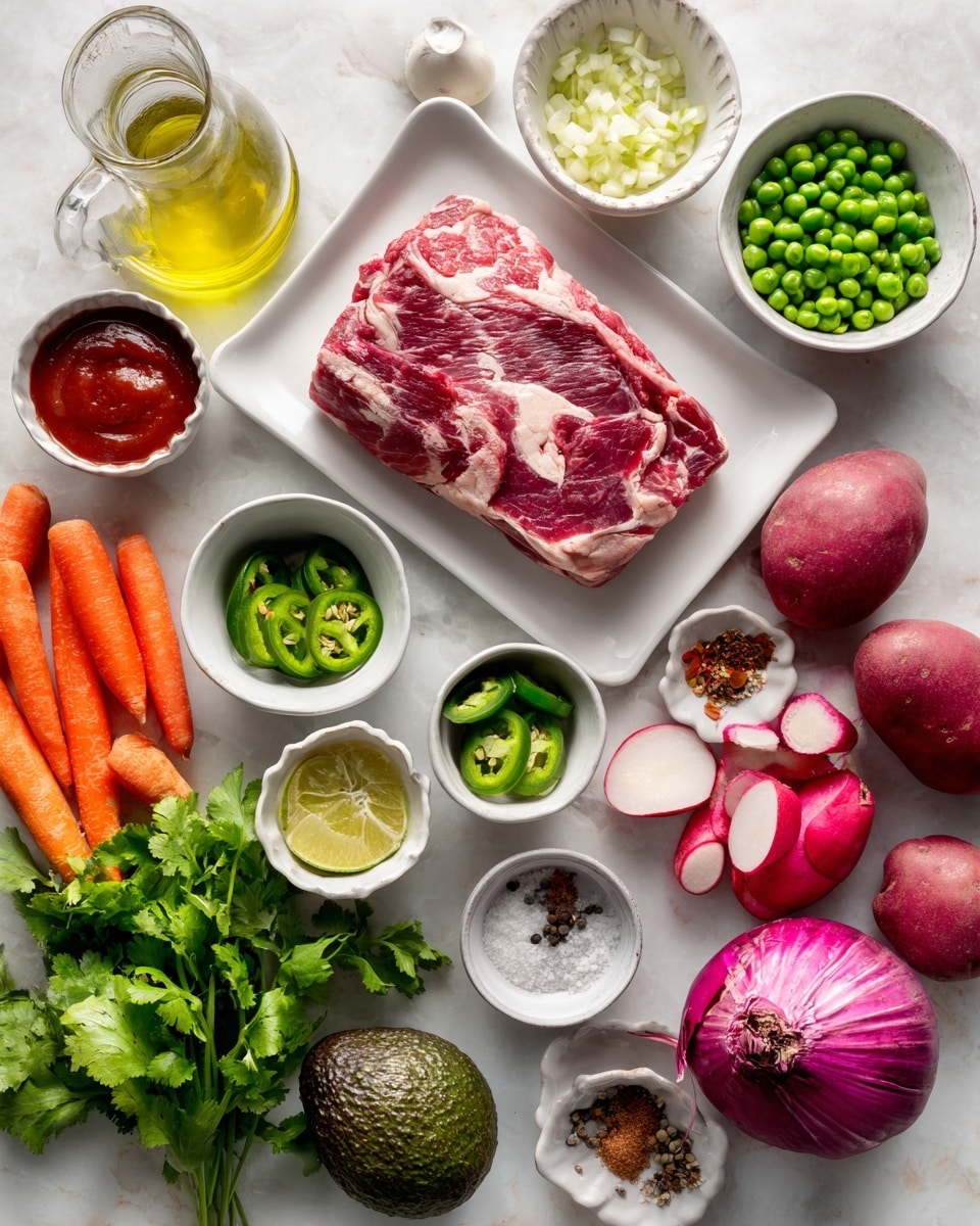 A white rectangular plate near the top right holds a piece of red marbled raw beef with streaks of white fat. Around it on a white marbled surface are several small white bowls containing different ingredients: a bowl of red sauce, a bowl of sliced green jalapeños, a bowl of frozen green peas, and a small scalloped bowl with minced garlic. A tall, clear glass jug with light yellow oil sits on the upper left. Below are three orange carrots and three red potatoes with purple skin arranged near the bottom right. There is a green lime and a black avocado nearby. Fresh green lettuce leaves and cilantro occupy the bottom left corner. A large red onion is placed to the right of the beef, while three radishes with pinkish skin and roots are near the bottom right. Small white dishes with dark liquid, honey-colored liquid, spices, and seasoning are scattered around, completing the array of colorful fresh ingredients. Photo taken with an iphone --ar 4:5 --v 7