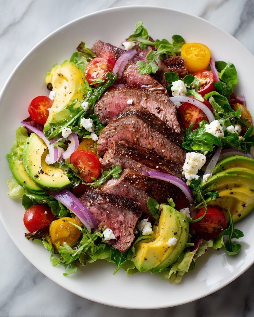 The dish shows a large white plate with a salad made of green leafy arugula and light yellow lettuce spread all over the bottom as the first layer. On top of the greens are several slices of grilled steak with a brown, slightly charred outer edge and pinkish inside, placed in groups around the plate. There are halved red and yellow cherry tomatoes scattered throughout, adding bright color. Thin rings of purple onion are placed in small clusters. Slices of green avocado, drizzled with olive oil and sprinkled with black pepper, are arranged around the plate. Small bits of white cheese are sprinkled evenly over the salad, adding texture and contrast. The plate sits on a white marbled surface. Photo taken with an iphone --ar 4:5 --v 7