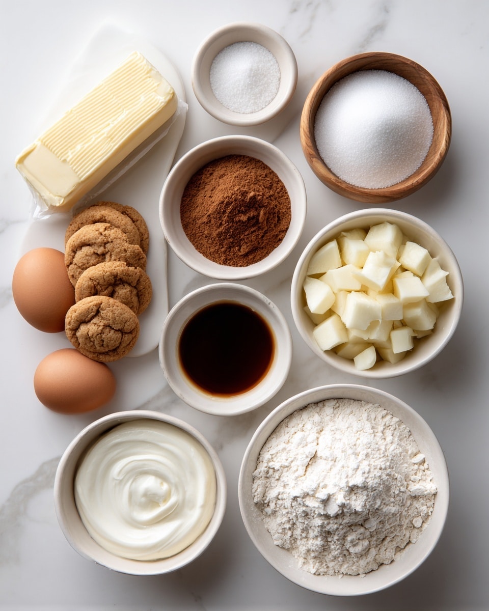 The image shows several white bowls and a stick of butter arranged on a white marbled surface. Starting from the top left is a pale yellow stick of butter; next, a small wooden bowl holds white powder. To its right, a white bowl is filled with granulated white sugar. Below the butter is a small white bowl with brown cinnamon powder. Next to it are two light brown cookies inside a small white bowl. Below these, a white bowl contains creamy white yogurt, and on the bottom left, a white bowl holds two brown eggs. In the center is a white bowl filled with chopped pale yellow apple pieces. On the lower right, a large white bowl is heaping with white flour, and just above it is a small white bowl containing dark brown vanilla extract. photo taken with an iphone --ar 4:5 --v 7