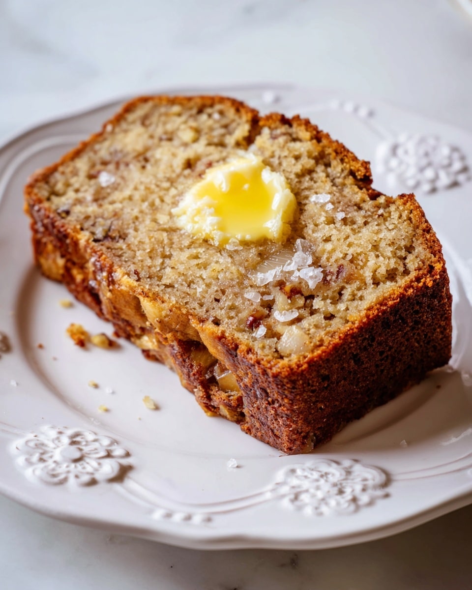 A close-up view of a single thick slice of moist banana bread resting on a white plate with decorative scalloped edges and embossed floral patterns. The bread slice shows a golden-brown crust with a darker, slightly crisp edge. The inside is light brown and soft, dotted with small chunks of cooked apples and bits of pecans or walnuts. At the center top of the slice, a small dollop of melting yellow butter is glistening, surrounded by a few scattered large flakes of white sea salt. The plate is placed on a white marbled surface, creating a clean and bright setting. photo taken with an iphone --ar 4:5 --v 7