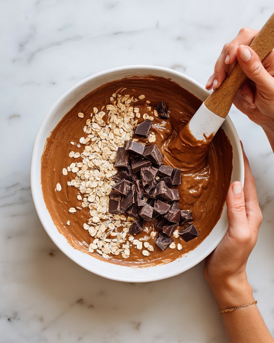 A white bowl filled with a smooth chocolate batter mixed with rolled oats and chunks of dark chocolate on top. The batter is creamy and spread evenly inside the bowl, with oats scattered on the surface, giving a textured look. A woman's hand is holding the bowl on the right side, while another woman's hand is stirring the mixture gently with a white spatula that has a wooden handle. The whole scene is set on a white marbled surface. photo taken with an iphone --ar 4:5 --v 7