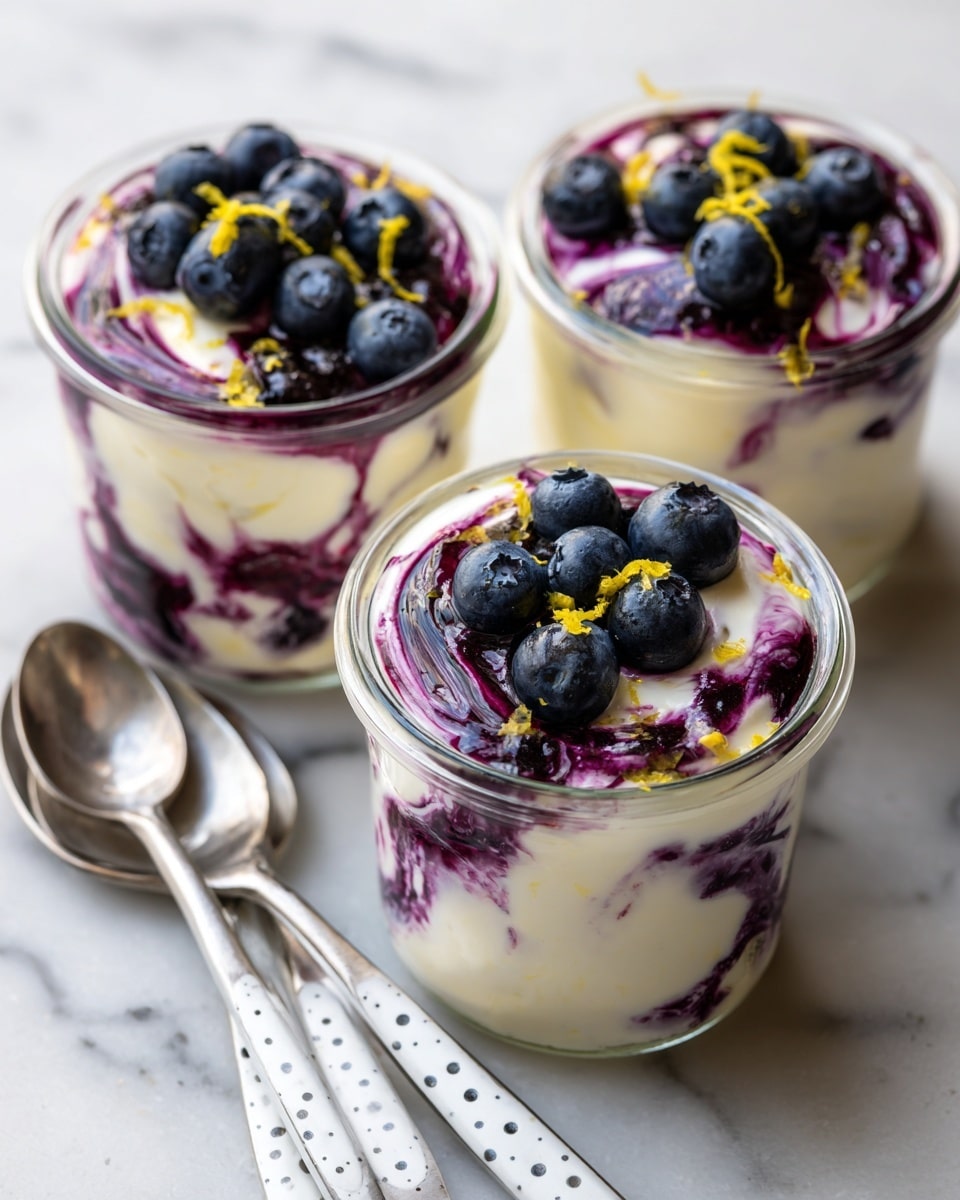 The image shows three clear glass jars filled with a layered dessert that starts with a creamy white base, swirled with dark purple blueberry sauce creating a marbled effect inside the jar. Each jar is topped with fresh blueberries and small bits of yellow lemon zest, adding color contrast on the creamy surface. The jars sit on a white marbled surface, and in the foreground, three metal spoons with white handles and gray dots are placed neatly next to the closest jar. The lighting is bright and natural, highlighting the creamy texture and juicy blueberries photo taken with an iphone --ar 4:5 --v 7
