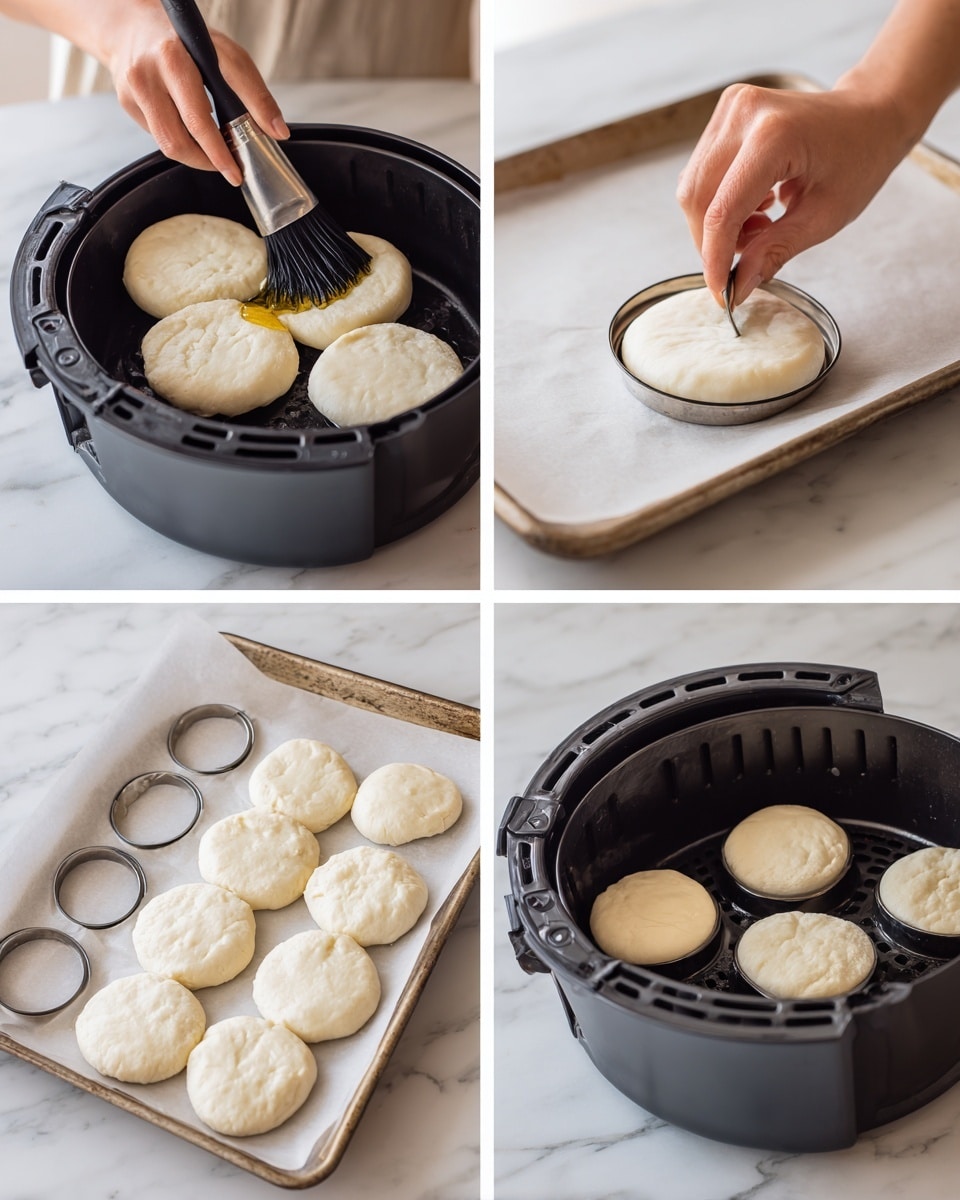 The image shows a collage of four photos demonstrating dough preparation for air frying donuts. The top left shows a woman's hand holding a black brush spreading oil inside a black air fryer basket, with a stack of dough rounds on a white marbled surface in the background. The top right shows a woman's hand pressing a small circular cutter into a thick, white dough round placed on a baking paper-lined tray on a white marbled surface. The bottom left shows multiple dough rings and round cutouts arranged neatly on the baking paper-lined tray. The bottom right shows four dough rings placed evenly inside the black air fryer basket, ready to be cooked. The dough is pale and smooth with a slightly fluffy texture. Photo taken with an iphone --ar 4:5 --v 7