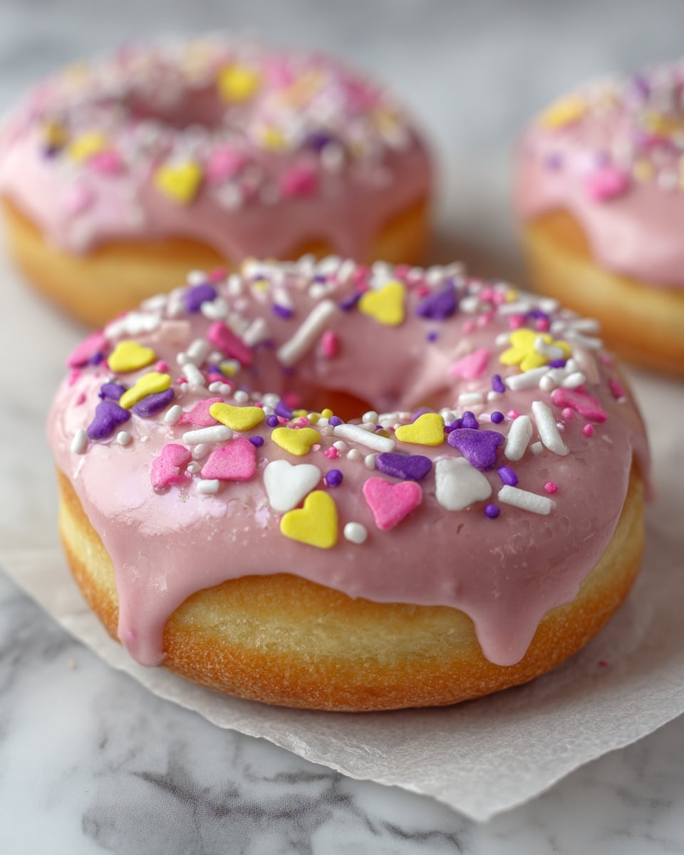 The image shows a close-up of a single doughnut with three layers. The bottom layer is a golden-brown doughnut base. The middle layer is a smooth, light pink glaze that covers the top of the doughnut and drips slightly down the sides. The top layer is made up of colorful sprinkles scattered all over the glaze, including small heart shapes in yellow, purple, and pink, along with white round and elongated sprinkles. The doughnut rests on parchment paper placed over a white marbled texture. photo taken with an iphone --ar 4:5 --v 7