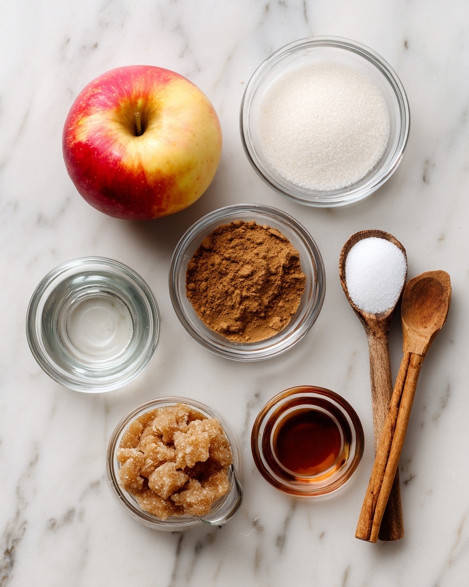 The image shows six items arranged on a white marbled surface: a red and yellow apple placed near the center, a small clear bowl with light brown cinnamon powder above the apple, a small clear bowl with white sugar on the right side of the apple, a small clear bowl with brown sugar below the apple, a small clear bowl with clear liquid above the white sugar, and two measuring spoons with wooden handles, one filled with cinnamon and the other empty, placed diagonally across the bottom left and right corners photo taken with an iphone --ar 4:5 --v 7