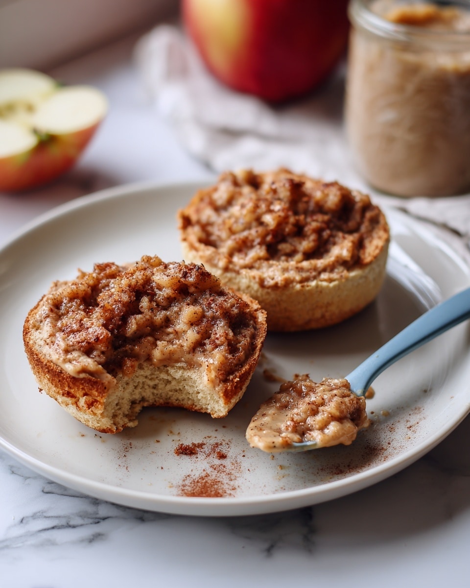 The image shows a toasted English muffin split into two halves on a white plate. Each half is spread with a chunky, light brown apple cinnamon mixture, with the top half having a bite taken out of it. A blue spoon with the same apple mixture rests on the plate beside the muffin. The plate is placed on a white marbled surface, with part of a red apple and a glass jar visible in the background. The scene is lit softly, highlighting the texture of the muffin and the apple topping. photo taken with an iphone --ar 4:5 --v 7