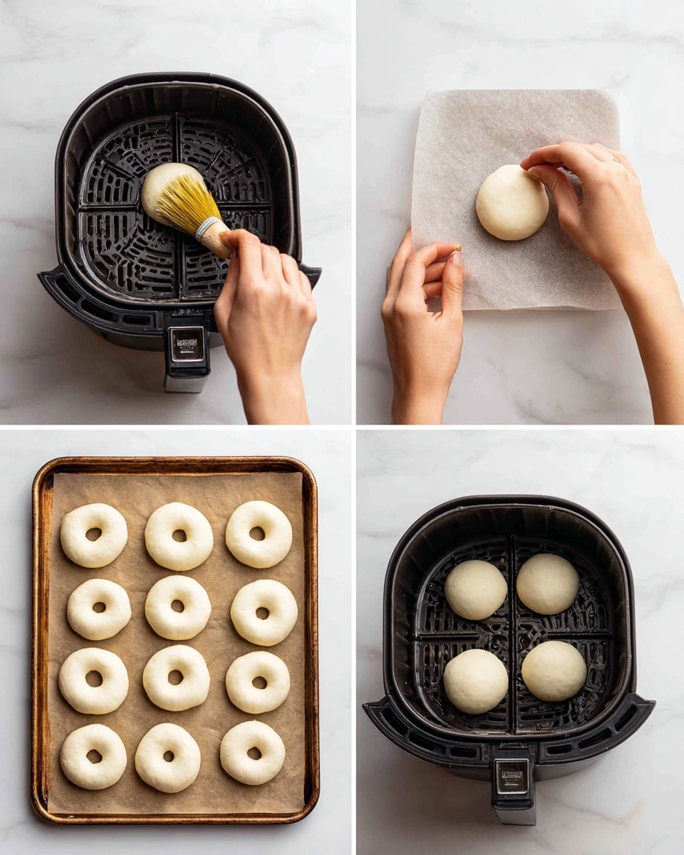 The image shows four steps of preparing donut-shaped dough for cooking, all set against a white marbled background. The first step shows a woman's hand holding a small brush with yellow bristles, brushing the black air fryer basket. The second step shows the woman's hand pressing a small round cutter into a soft white dough circle on a brown baking tray lined with parchment paper. The third step shows multiple dough rings and small round dough pieces arranged neatly on the parchment paper on the baking tray. The fourth step shows five dough rings placed inside the black air fryer basket, ready for cooking. Photo taken with an iphone --ar 4:5 --v 7