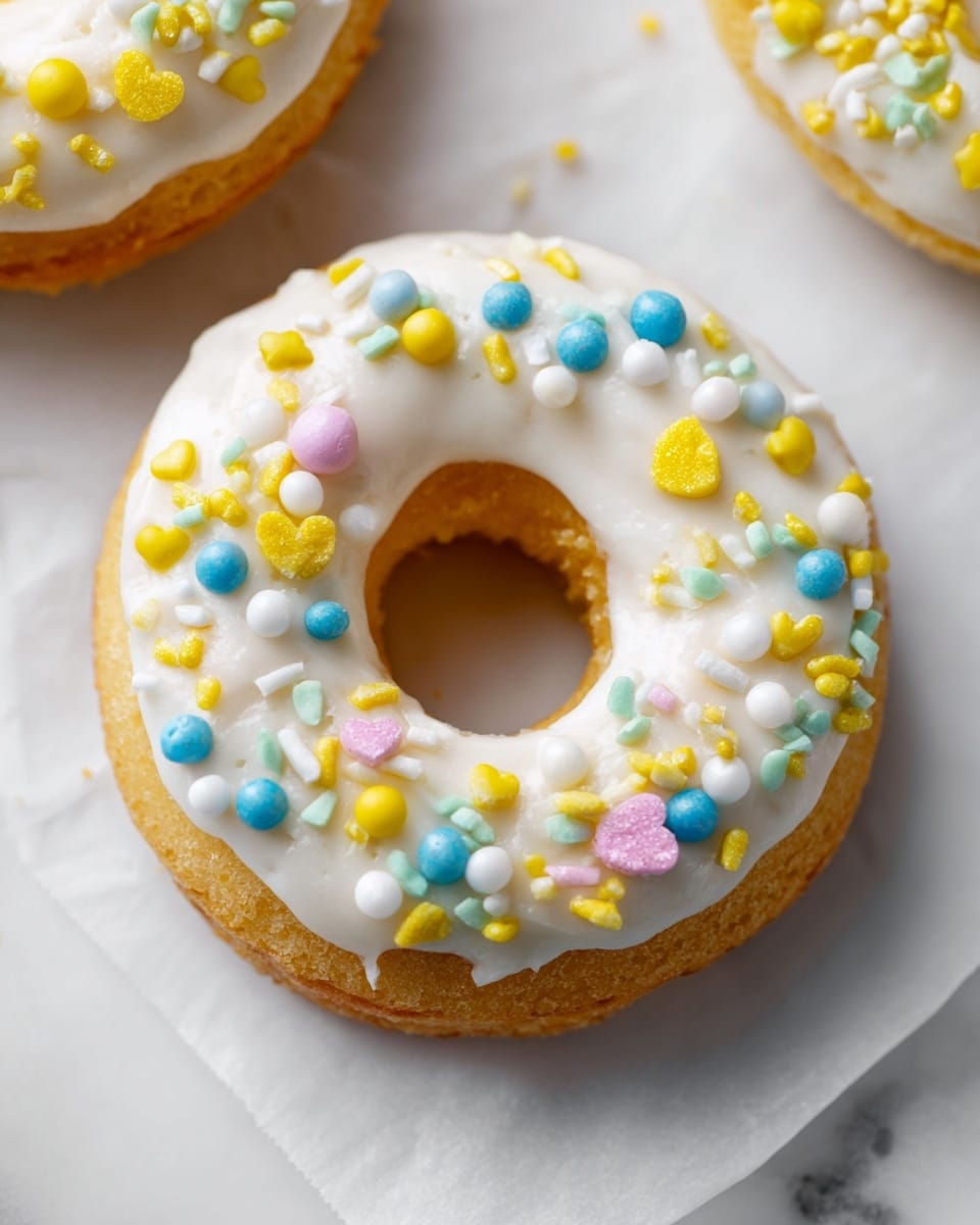 The image shows a close-up of two donuts on white parchment paper placed on a white marbled surface. The main donut has one thick layer of smooth white icing covering the top. It is decorated with many small colorful sprinkles in shapes like hearts and small balls, mainly in yellow, blue, pink, and white. The texture of the donut underneath is golden brown and soft. Part of a second donut is visible with a similar white icing layer and different yellow, white, and green sprinkles. Photo taken with an iphone --ar 4:5 --v 7