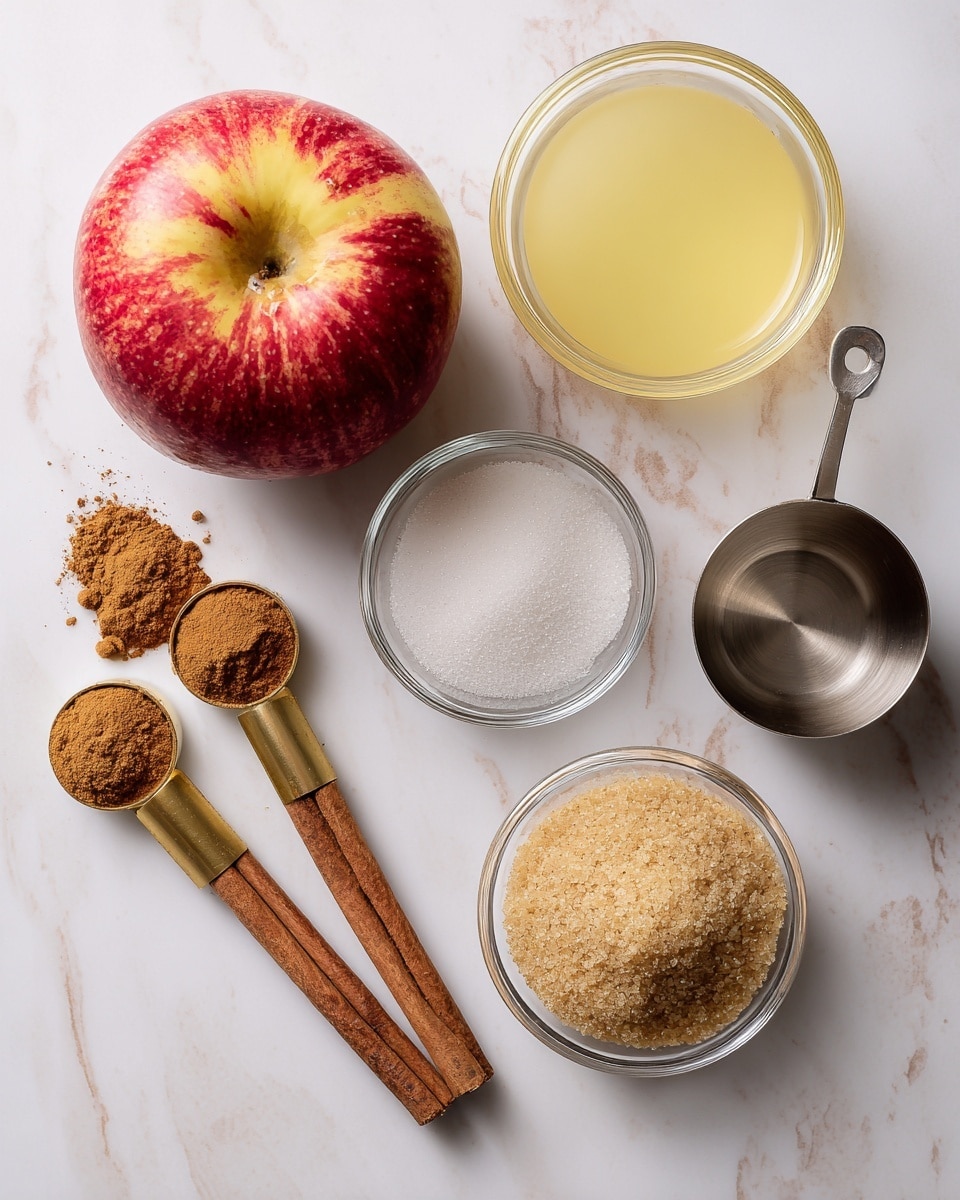 The image shows a top view of ingredients on a white marbled surface. In the center left, there is a whole red apple with yellow patches. Around it, there are four small clear glass bowls, each holding a different ingredient: cinnamon powder with a warm brown color in the top center, white granulated sugar in the center right, light brown raw sugar at the bottom center, and a metal cup with a light yellow liquid in the top right. Two wooden measuring spoons with brass tops are placed diagonally from the bottom left to the center, each holding spices. photo taken with an iphone --ar 4:5 --v 7