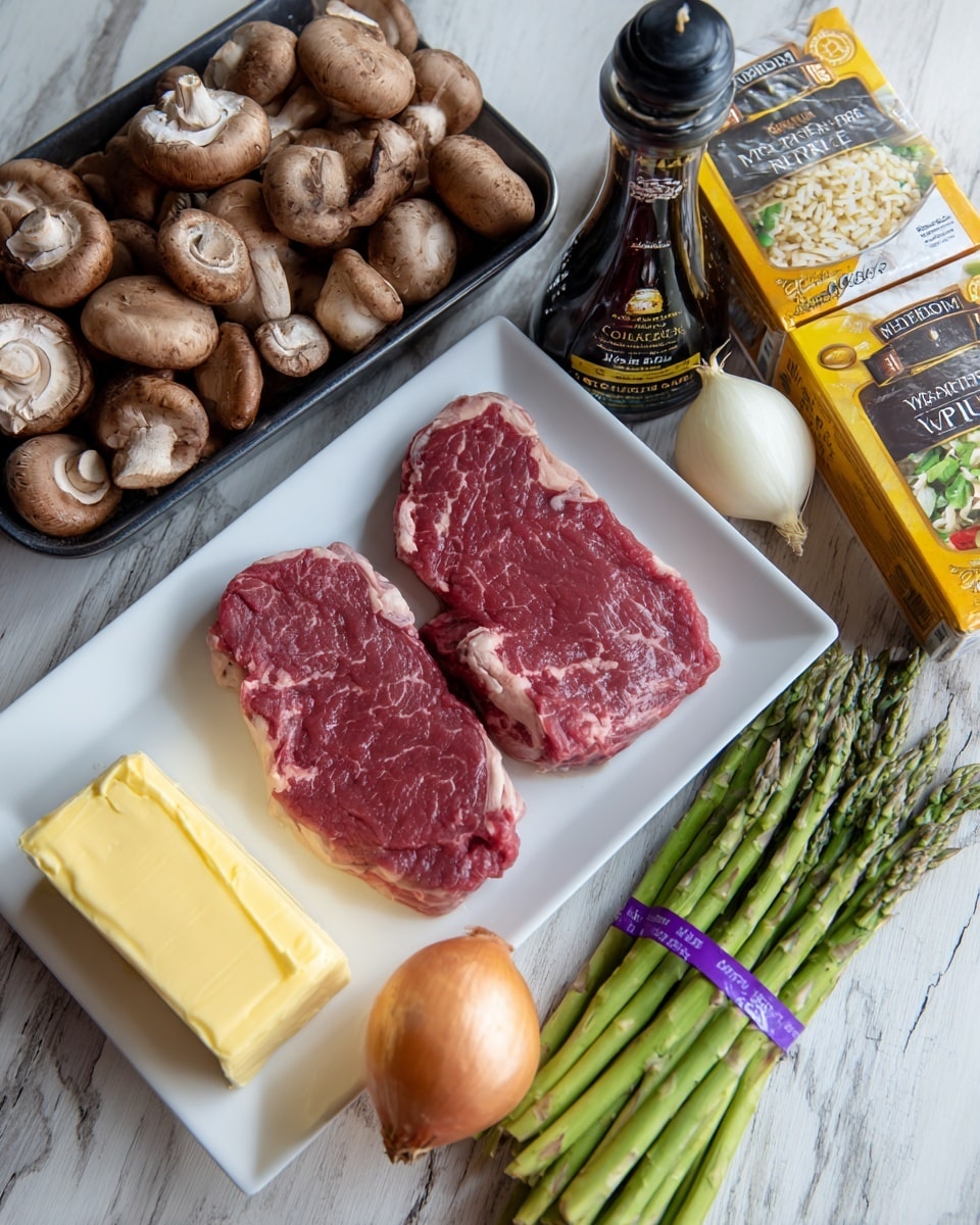 The image shows a white rectangular plate with two raw steaks that have a rich red color and white marbling on the left side. Above the plate, there is a black tray filled with whole brown mushrooms. To the right of the plate and mushrooms, a dark glass bottle of Worcestershire sauce stands vertically. Next to the bottle, a bundle of green asparagus tied with a purple rubber band is placed upright. To the right of the asparagus, there is a peeled whole yellow onion, cut in half. Below the onion, a block of butter with yellow paper wrapping is placed horizontally. In the background on the right, two boxes of rice pilaf mixes featuring images of rice with mushrooms and herbs are set on a white marbled wooden surface. Photo taken with an iphone --ar 4:5 --v 7
