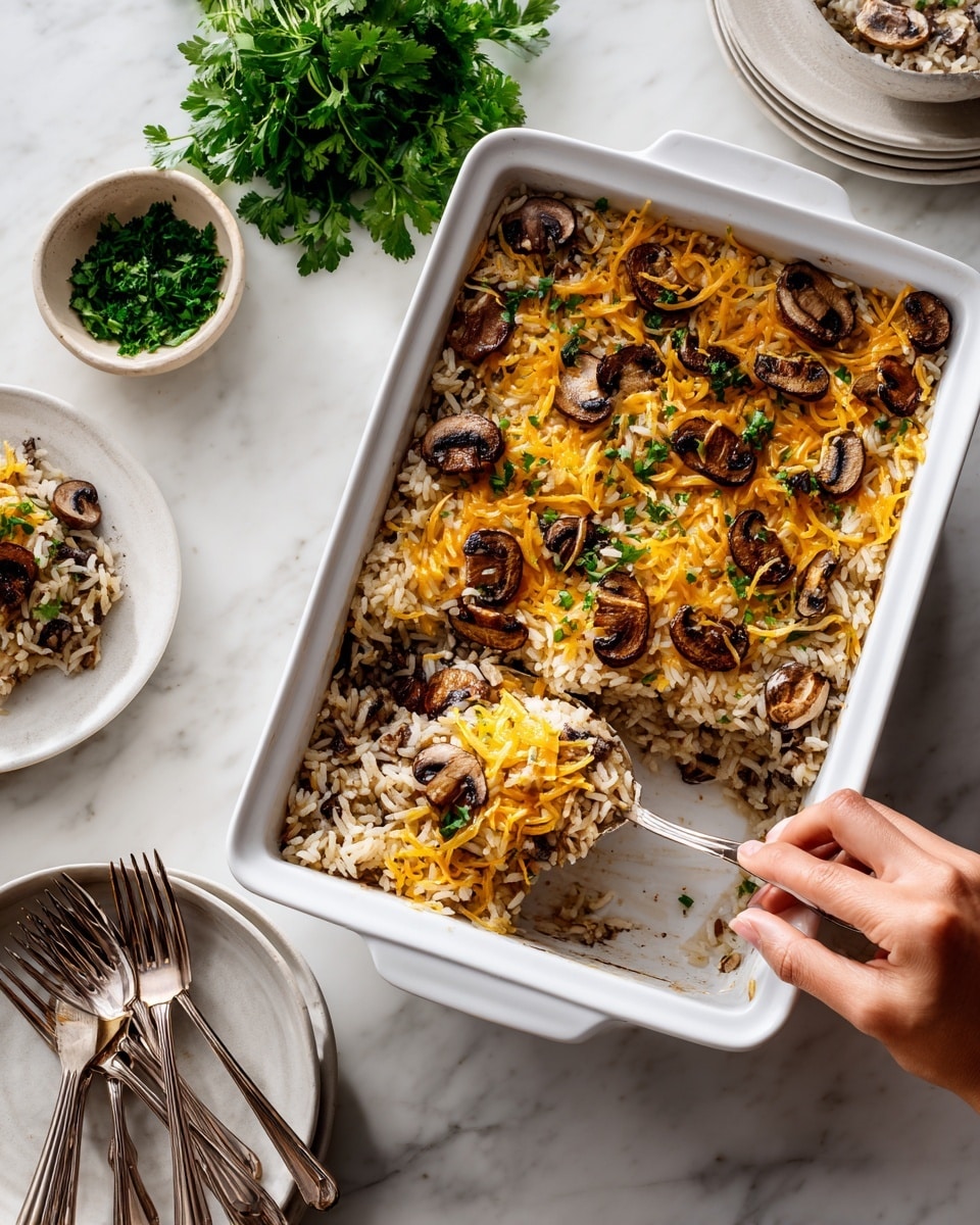 A white rectangular baking dish filled with a layered rice and mushroom casserole, showing two main layers: the bottom is a soft, light brown rice mixed with darker brown mushrooms, and the top is sprinkled with scattered, light yellow shredded cheese and sliced mushrooms. A woman's hand is using a spoon to scoop out a serving from the top layer, revealing the rice mixture underneath. The dish is placed on a white marbled surface with a small white bowl of chopped green herbs above it and a bunch of fresh parsley to the side. Nearby, a stack of white plates with four forks is visible. Photo taken with an iphone --ar 4:5 --v 7