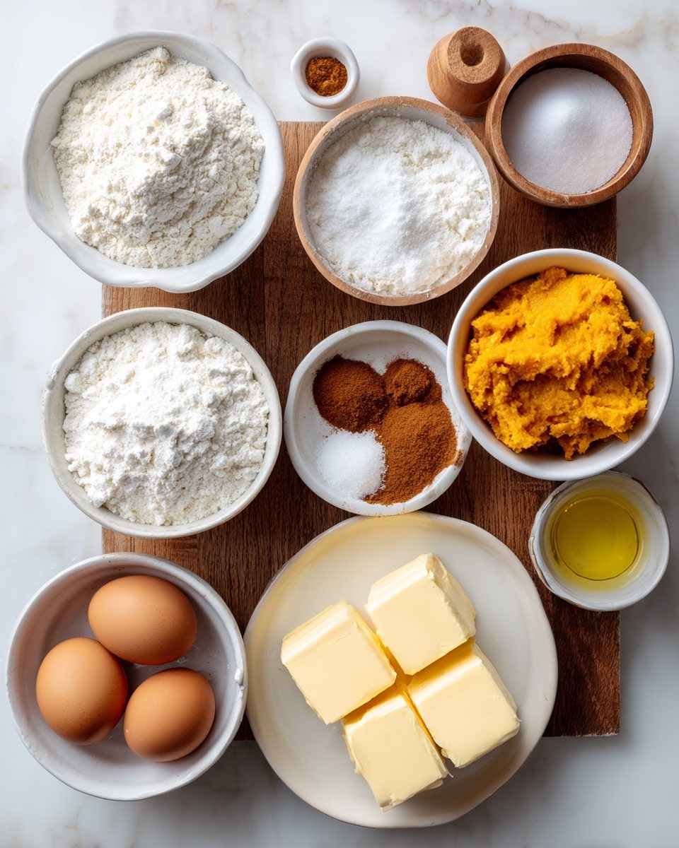 The image shows a wooden table with several white bowls and a white plate arranged neatly with baking ingredients. There are three white bowls filled with white flour, one bowl with white sugar, another bowl with ground cinnamon, and an extra small bowl with vanilla extract. A white bowl holds three brown eggs, and next to it is a medium bowl filled with mashed orange pumpkin. On a white plate, there are two blocks of light yellow butter with a rectangular shape. A small bowl contains clear golden oil, and there is a small wooden cup for spices. The table surface is changed to a white marbled texture. photo taken with an iphone --ar 4:5 --v 7