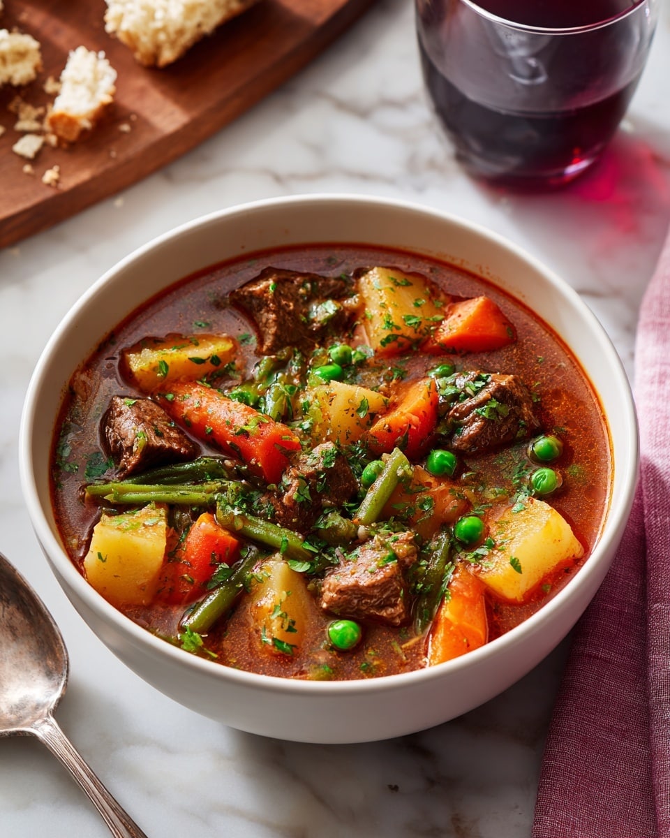 A white bowl sits on a white marbled surface filled with hearty stew. The stew has chunky brown pieces of meat, bright orange carrot slices, green peas, green beans, and pale yellow potato chunks all mixed in a rich, reddish-brown broth. Fresh green chopped herbs are sprinkled on top, adding a fresh touch. Around the bowl, there are a few bread crumbs on the wooden surface, a glass of dark red liquid on the right, and a silver spoon on a pink cloth napkin. The scene is warm and inviting, photo taken with an iphone --ar 4:5 --v 7