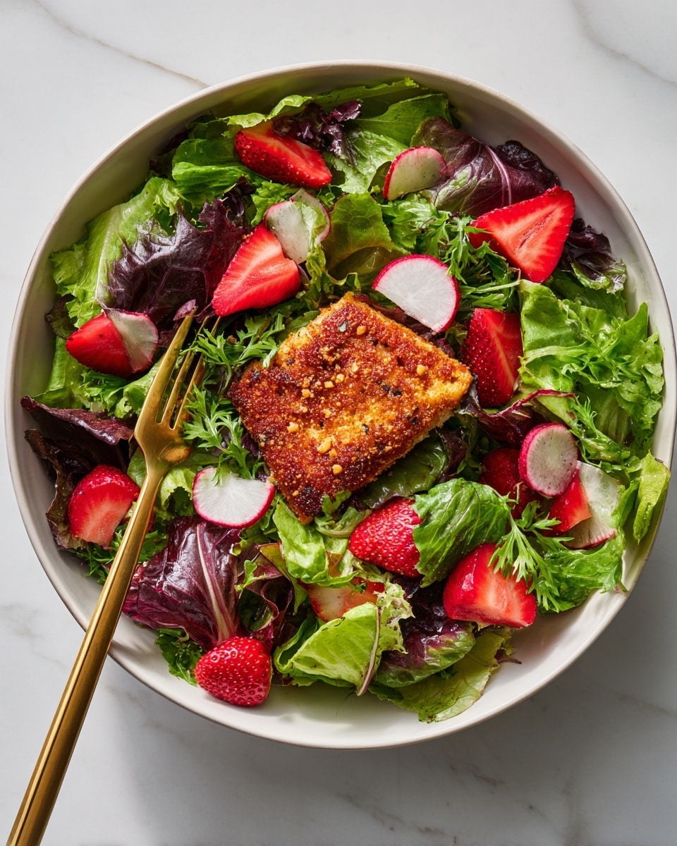 A white bowl filled with fresh green lettuce leaves as the base layer, mixed with pieces of red leaf lettuce and thinly sliced radishes scattered on top. Bright red strawberry slices are spread throughout the salad, adding pops of color. In the center lies a golden-brown crispy coated piece of fish, placed over the salad. A golden fork rests inside the bowl among the salad ingredients. The bowl sits on a white marbled surface. Photo taken with an iphone --ar 4:5 --v 7