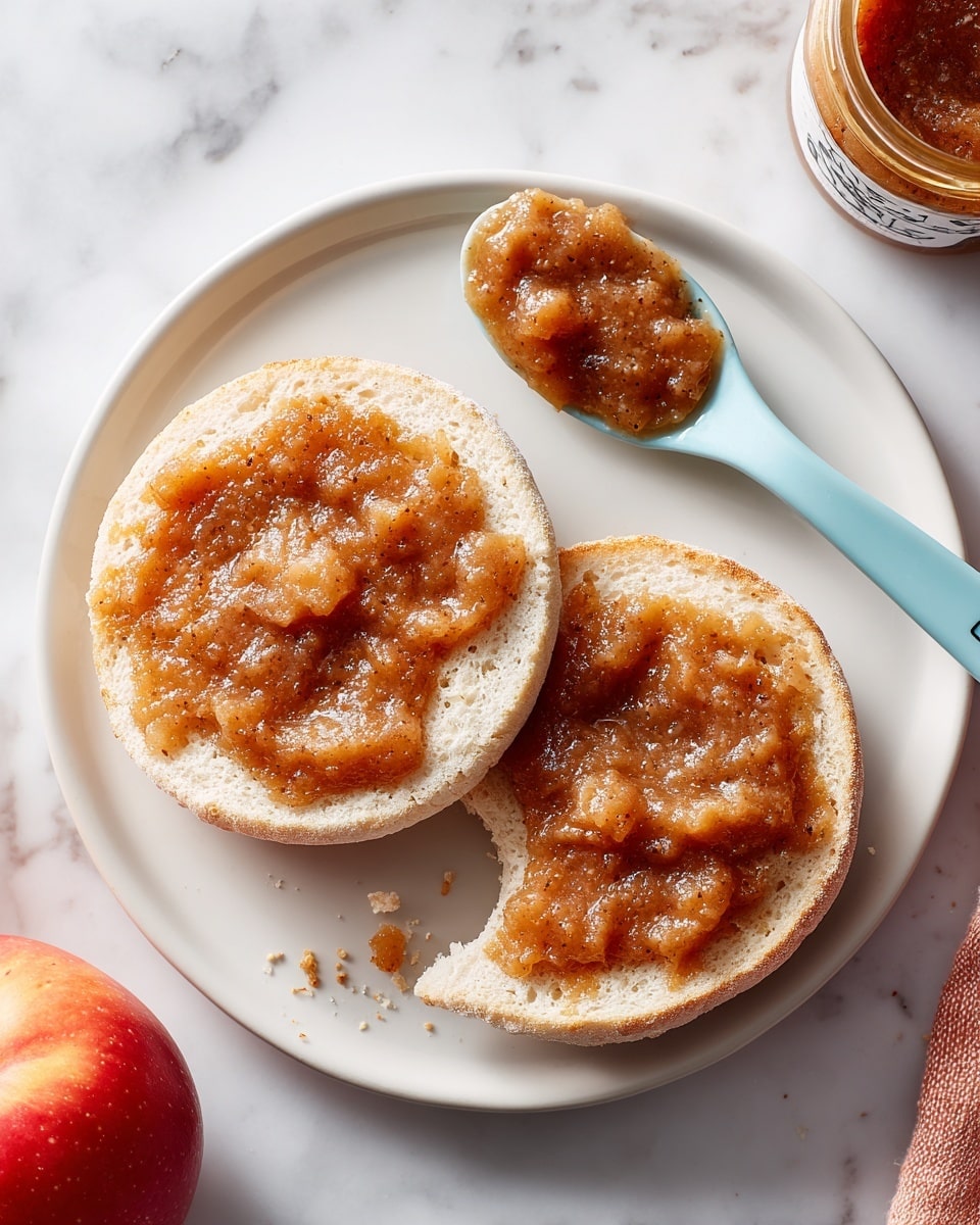 The image shows a round white plate with two halves of a toasted English muffin placed side by side. Each half is covered with a chunky, light brown spread that looks like apple butter or a similar fruit spread. One half has a bite taken out of it, and small crumbs are scattered nearby. Above the muffin halves, there is a light blue spoon resting on the plate with some of the same spread on it. The background features a white marbled texture surface with part of a red apple and a small glass jar partially visible at the top edges. Photo taken with an iphone --ar 4:5 --v 7