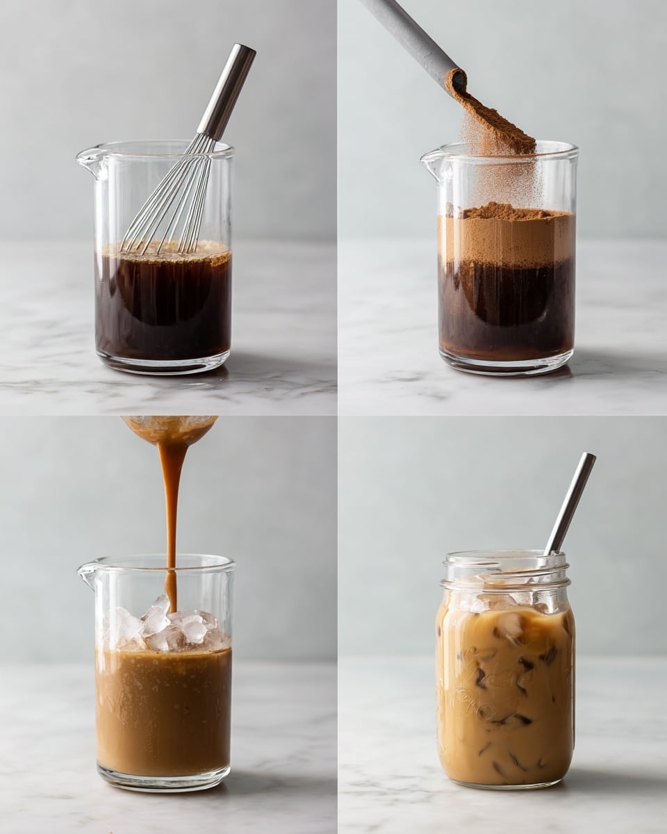 square image The image shows four steps of making a cold coffee drink displayed in a grid against a white marbled surface. The first photo is a clear glass measuring cup filled with dark brown liquid. The second photo shows the same measuring cup with a light brown powder added on top of the dark liquid. The third photo shows the liquid and powder mixed with a small gray whisk placed inside the measuring cup, the mixture now a lighter brown color with a smooth texture. The fourth photo shows a clear glass jar filled with light brown iced coffee and ice cubes, sitting on the white marbled surface with a plain light gray background. Photo taken with an iphone --ar 4:5 --v 7