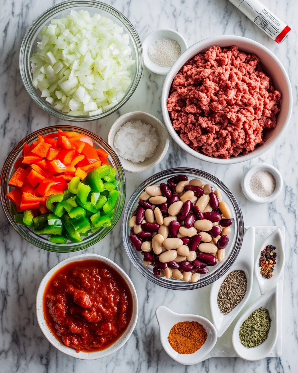 square image The image shows several glass and white bowls and a white pot on a white marbled surface. Inside the pot are three layers of chopped vegetables: white onions on the top left, bright green peppers on the top right, and orange-red bell peppers at the bottom. Next to the pot is a glass bowl filled with pinkish-red ground meat. Below it, another large glass bowl contains two types of kidney beans in red and light brown colors separated in halves. To the right is a small white bowl with red tomato sauce, above which are three small white spoons holding brown garlic powder, black pepper, and white salt. There is a white plate with a range of spices including reddish-brown, dark brown, orange, green, and beige powders. A tube of white paste with a red cap lies near the top right. The setup is neat and appetizing, well-lit, photo taken with an iphone --ar 4:5 --v 7