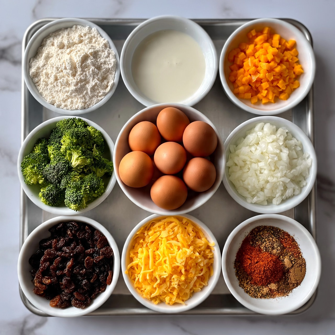 square image The image shows a metal tray with nine white bowls arranged neatly on a white marbled surface. At the center is a bowl filled with seven brown eggs. Surrounding it are bowls with white flour, a creamy white liquid, shredded yellow cheese, small orange diced pieces, chopped white onions, bright green broccoli florets, dark brown raisins, and a mix of spices including red and brown powders. Each bowl's texture is clear, with the colors bright and distinct. Photo taken with an iphone --ar 4:5 --v 7